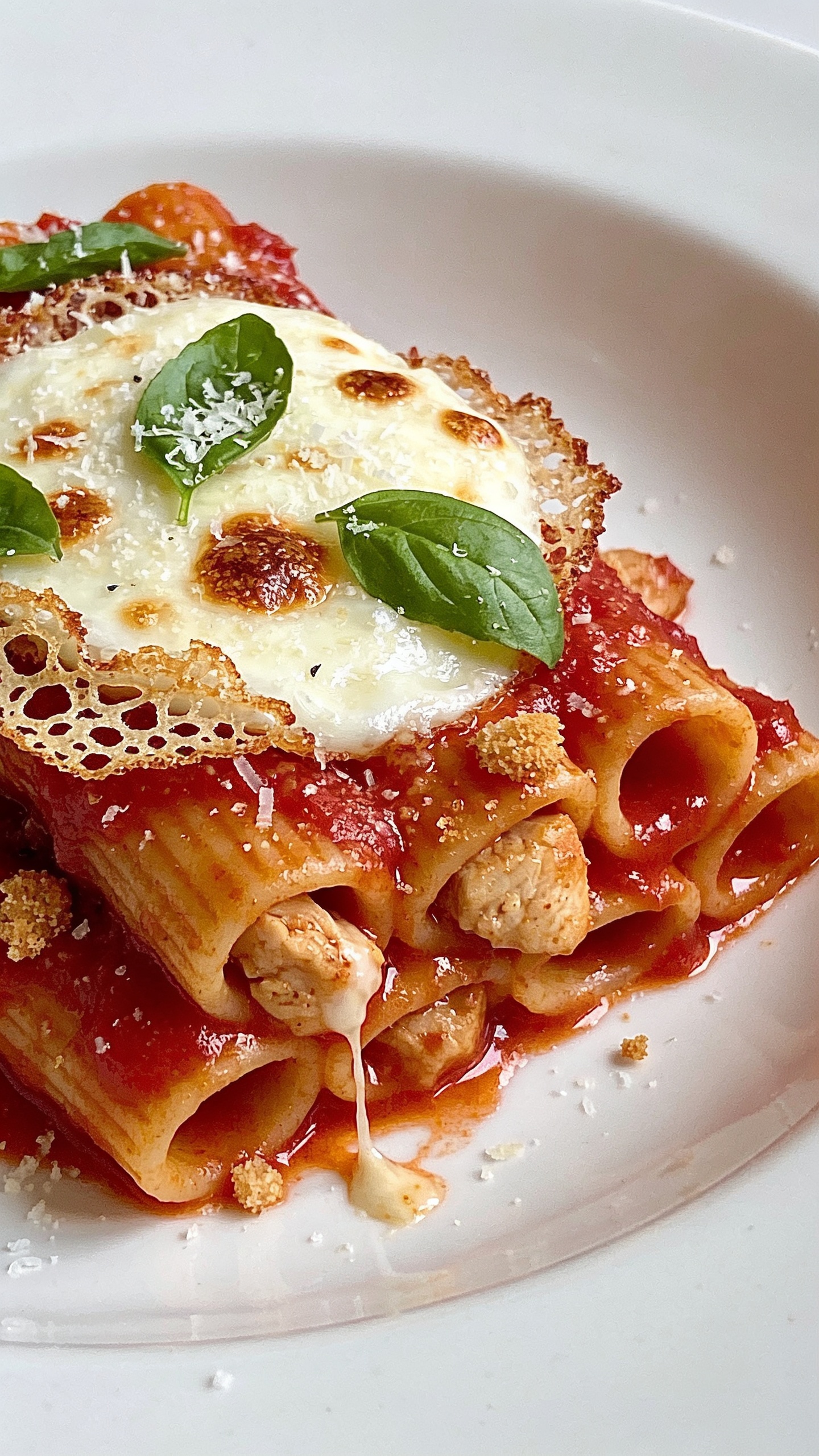 Extreme close-up side angle of a plated scoop from the same bake on a matte white plate, still filling 90–95% of the frame: saucy, tube-shaped high-protein pasta, juicy chicken chunks tucked within, thick marinara pooling slightly, and a broiled mozzarella cap with crispy, lacy edges and browned bubbles. Freshly torn basil leaves scattered on top, micro-grated Parmesan dusting the cheese and sauce, a few toasted panko crumbs clinging to the surface for crunch. Bright natural light, shallow depth of field, vivid reds, creamy whites, and fresh green highlights; glossy sauce sheen and visible cheese stretch remnants anchoring it to the plate.