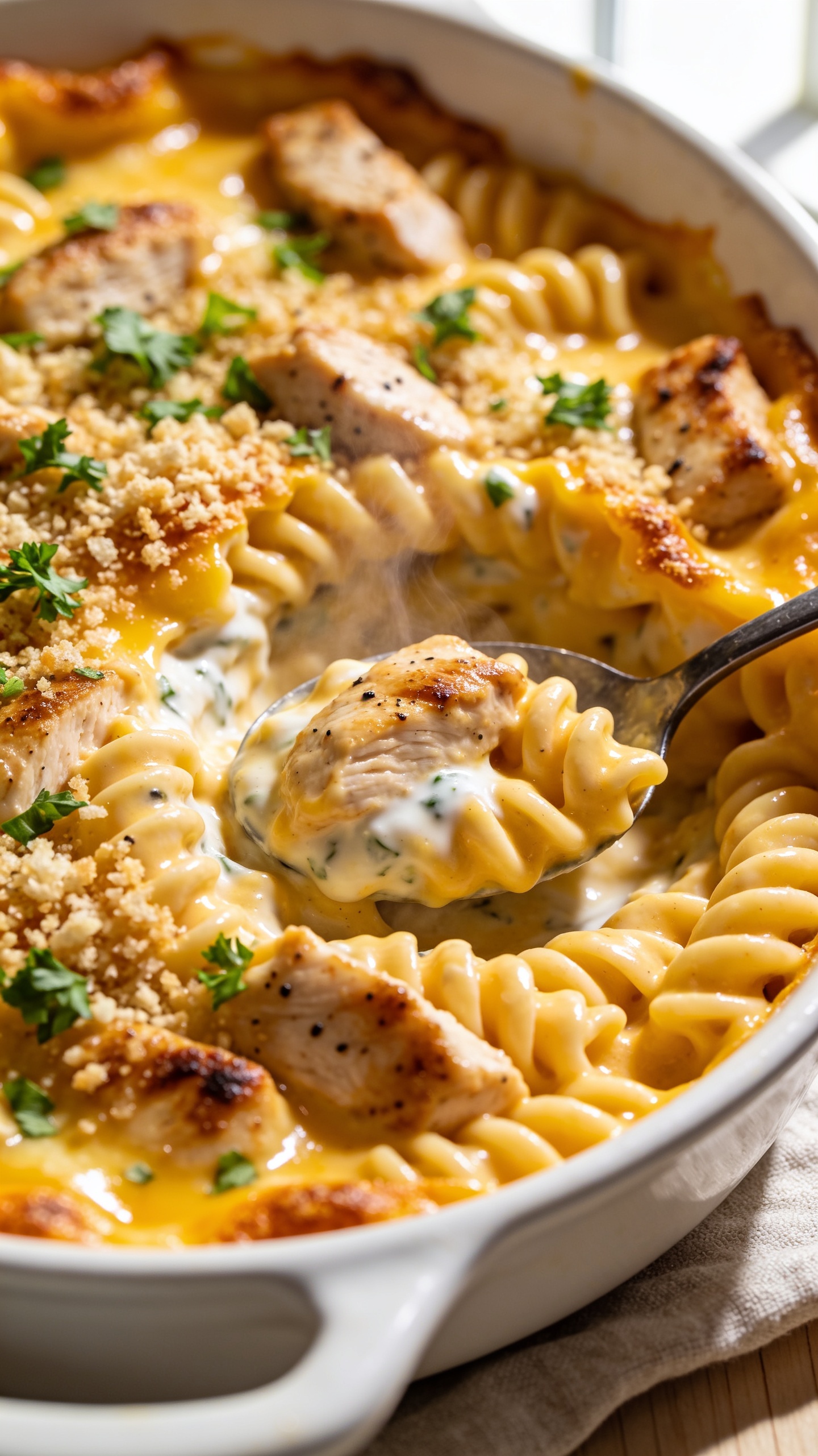 Ultra-close hero shot of high-protein chicken mac and cheese baked in a shallow white enamel casserole, filling 90–95% of the frame. Twisty high-protein pasta shells coated in a glossy, velvety cheddar sauce with a hint of Greek-yogurt creaminess, studded with juicy seared chicken thigh pieces and speckled with black pepper. The surface shows golden, crispy cheese edges and a light, crunchy panko-parmesan topping. Freshly chopped parsley scattered on top adds vibrant green contrast. Bright natural window light from the left, soft shadows on the right, shallow depth of field focusing on the center spoonful area, steam subtly rising, neutral linen and a pale wood surface barely visible at the edges, premium food-blog styling, no text.