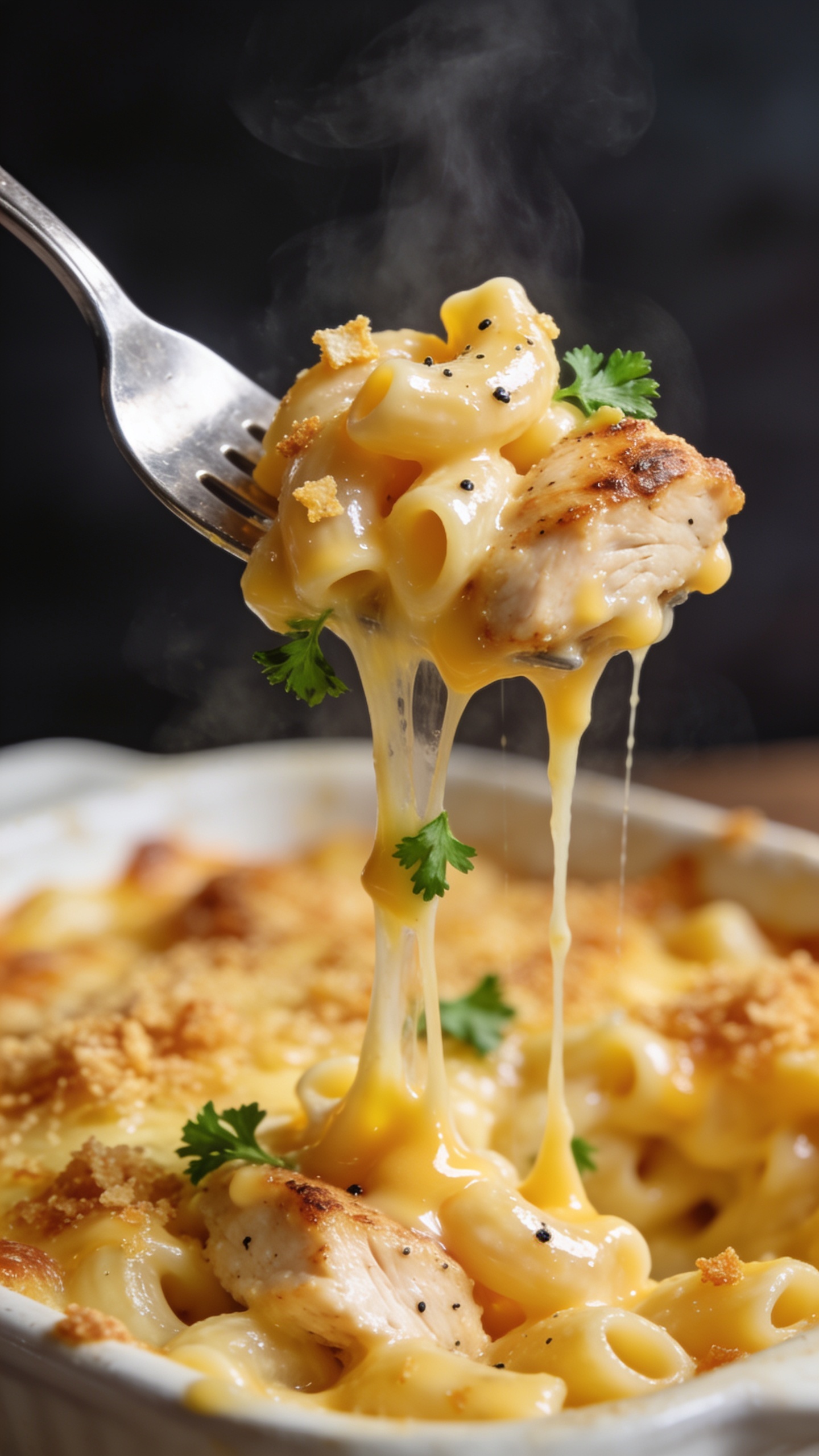 Dynamic action close-up: a stainless fork lifting the perfect bite of the same chicken mac and cheese one second before a mouthful. The fork holds a few glossy, cheese-coated pasta shells and a juicy chunk of seared chicken, with molten cheddar stretching in long, gooey strands back to the casserole below. Crisped cheese bits cling to the pasta, tiny flecks of black pepper visible, and a few parsley leaves caught in the pull. Bright natural lighting, shallow depth of field isolating the forkful, steam gently rising, background softly blurred casserole showing golden, crispy topping, food filling 90–95% of the frame, no hands visible, no text.