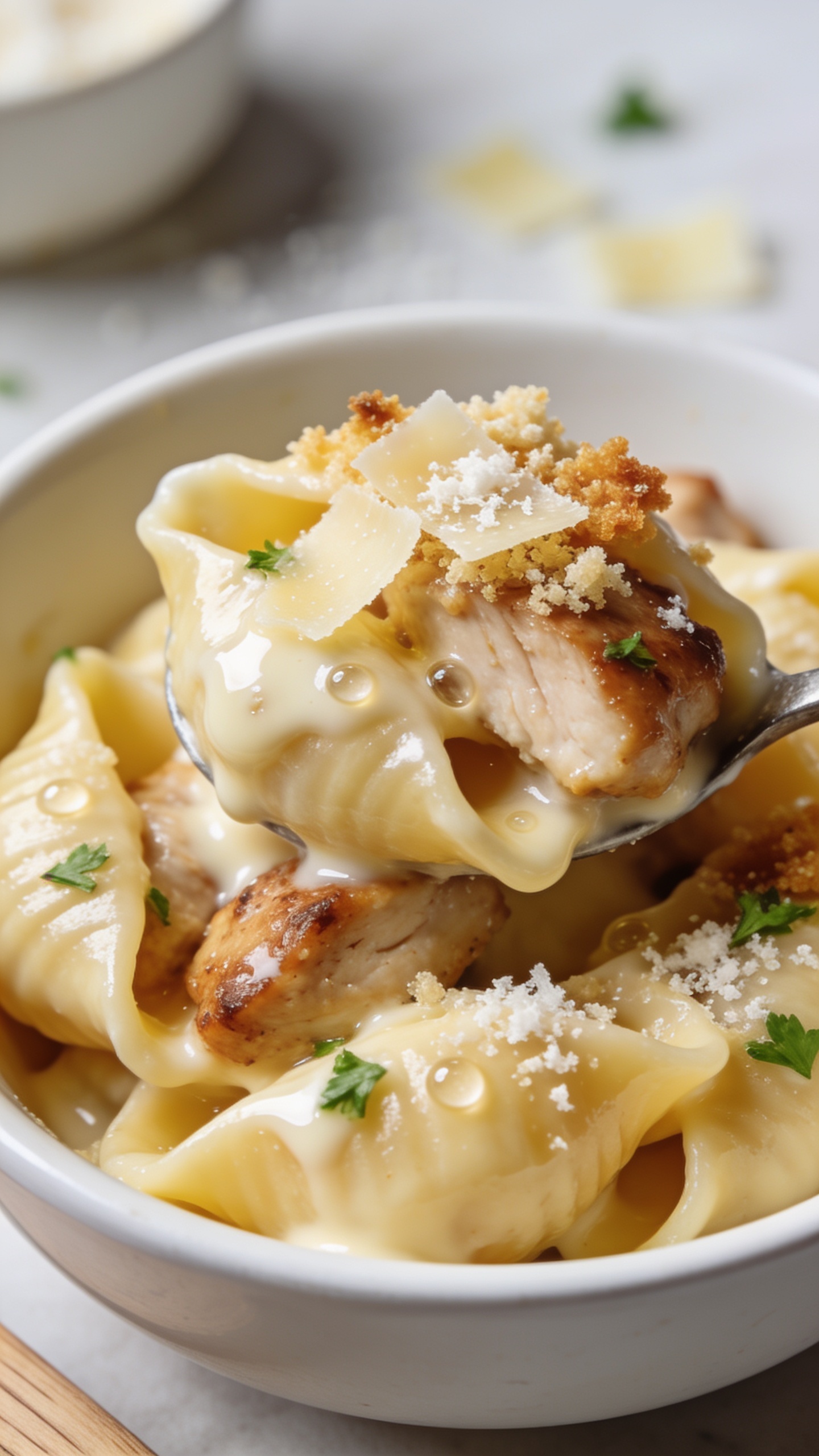 Macro side-angle close-up of a scooped portion plated in a small white bowl from the same batch, filling 90–95% of the frame. Emphasize creamy, glossy cheese coating each pasta shell, juicy browned chicken pieces peeking through, and shards of crispy baked cheese and panko topping for texture contrast. Tiny beads of sauce glisten; sprinkled parsley and a light dusting of freshly grated parmesan melt into the surface. Bright natural light, shallow depth of field with tack-sharp textures up front and soft bokeh behind, neutral props and pale wood hints at the edge, cohesive with the hero image, no text.