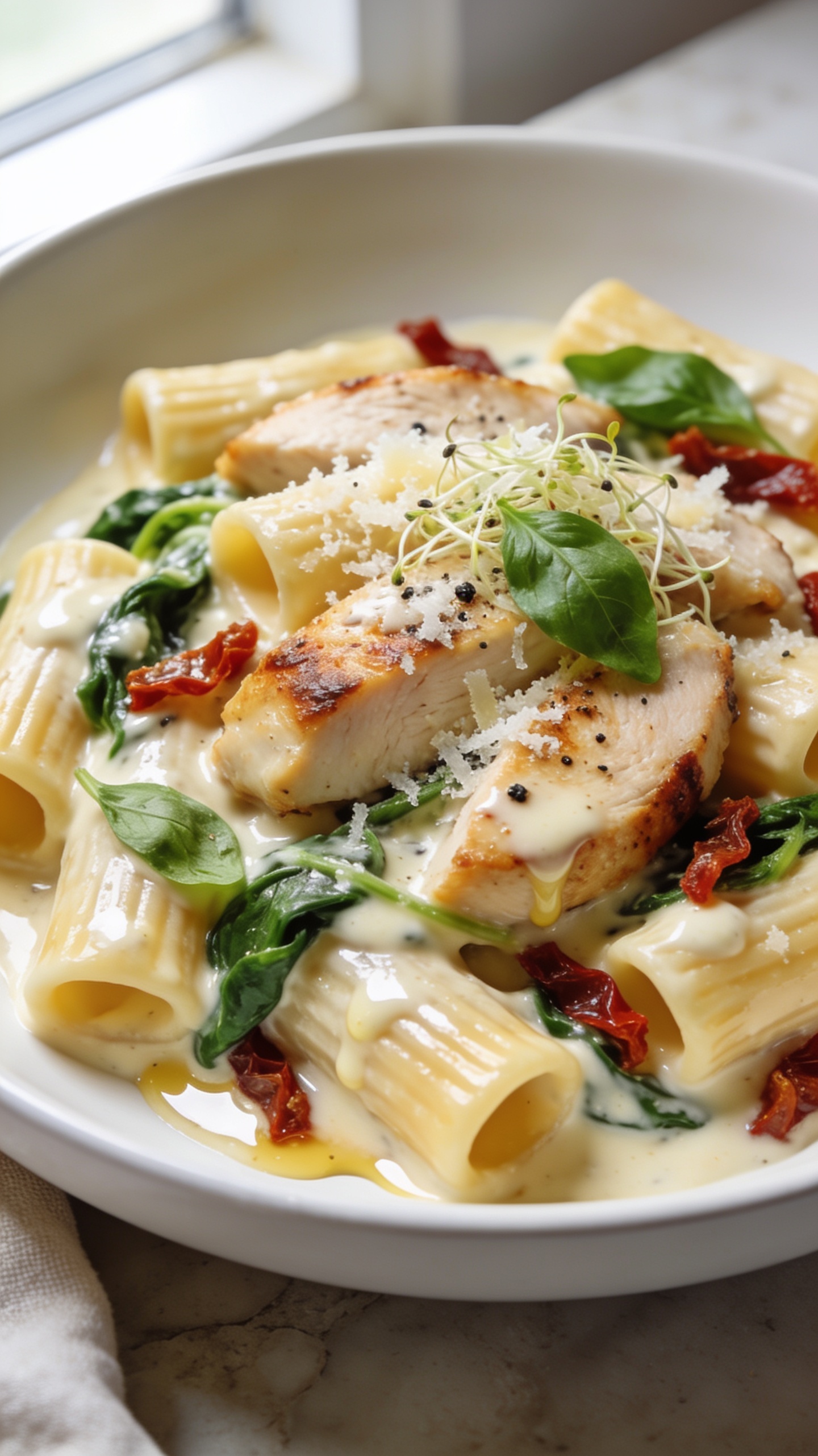 Ultra-close hero shot of High Protein Creamy Italian Chicken Pasta: al dente rigatoni coated in a glossy, velvety pale-golden Alfredo-style sauce made with Greek yogurt and light cream cheese, studded with juicy seared chicken breast medallions with light caramelized edges, ribbons of sautéed spinach, and sun-dried tomato slivers. Freshly grated parmesan melts into the sauce, micro-shreds visible on top, with a sprinkle of cracked black pepper and torn basil leaves. Sauce clings to the ridges of the rigatoni and lightly pools at the base for shine. Bright natural window light from the left, shallow depth of field, matte white shallow bowl on a light stone surface, soft linen barely peeking at the edge. Food fills 90–95% of frame; rich textures and vibrant greens/reds pop against the creamy sauce.