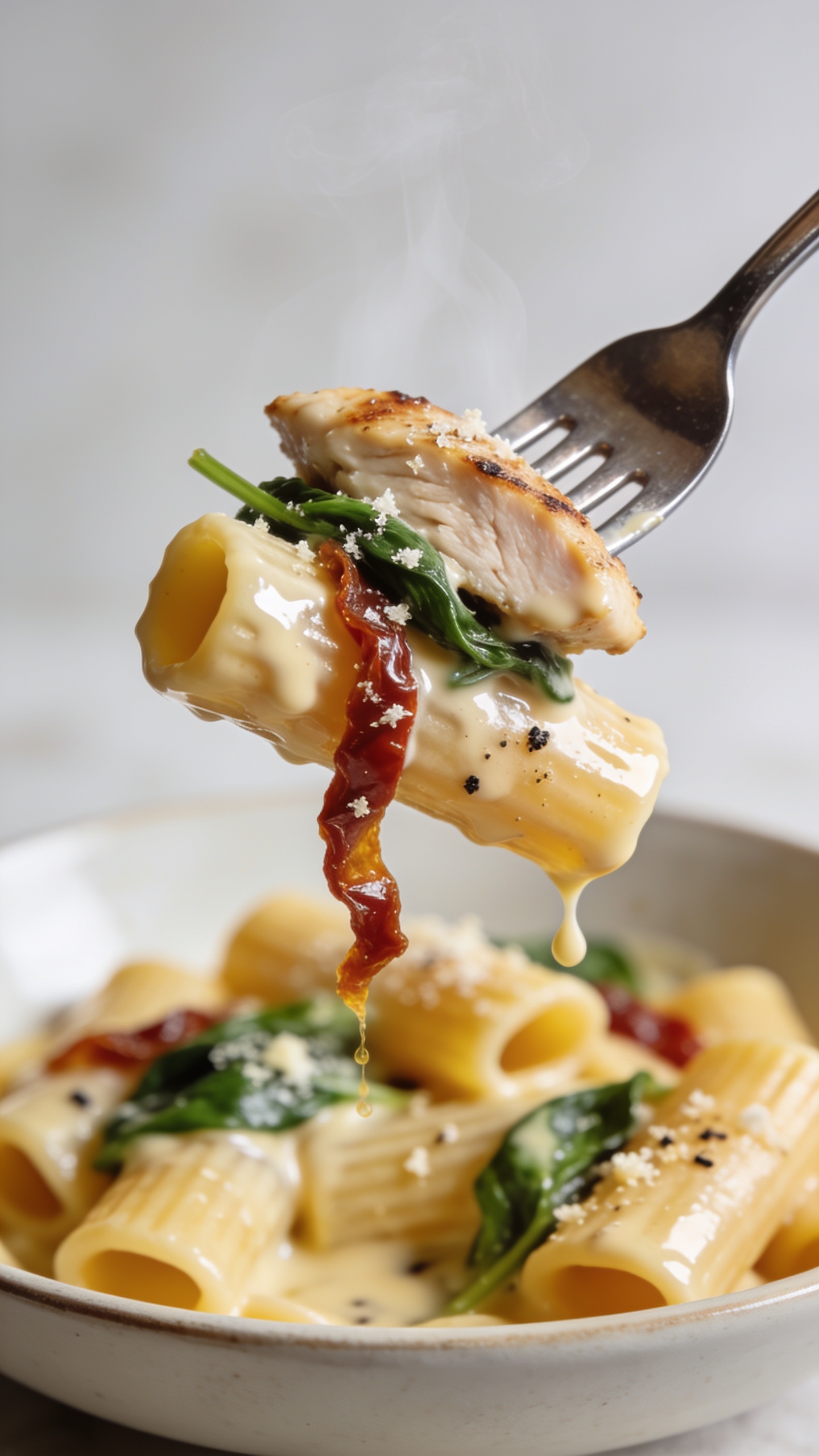 Dynamic action close-up: a polished fork lifting the perfect bite of the same pasta one second before the mouth—one rigatoni tube draped in glossy creamy sauce, a tender slice of seared chicken tucked inside the fork’s tines, a strand of wilted spinach and a sliver of sun-dried tomato trailing, tiny flecks of parmesan and black pepper clinging, with a few droplets of sauce stretching back to the plate. Subtle steam rises. Background shows the same bowl of pasta softly blurred. Bright natural lighting, shallow depth of field, food filling 90–95% of the frame, no hands or people, premium food-blog styling.