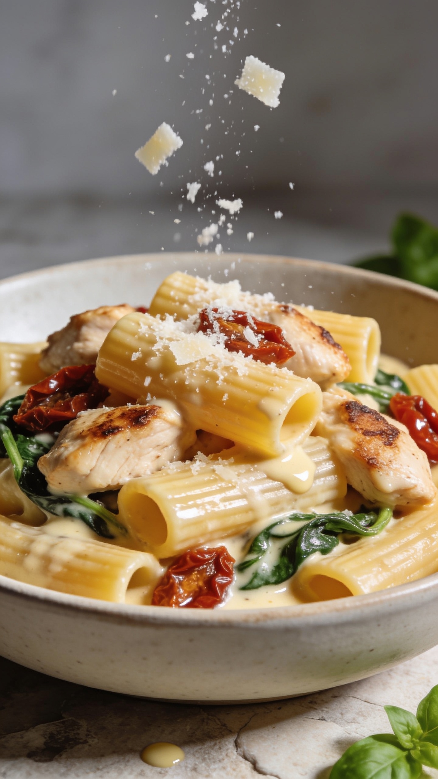 Extreme close-up from a low 3/4 angle of the same plated pasta: rigatoni stacked with visible ridges lacquered in creamy sauce, several juicy chicken pieces with browned edges nestled throughout, sun-dried tomatoes gleaming, spinach ribbons folded into the sauce. Freshly grated parmesan snowing down mid-air, a few flakes caught in focus as they land, adding motion. Glossy sauce lightly pooling and reflecting light. Bright natural side light, shallow depth of field, neutral ceramic bowl on light stone, basil accents, food dominating 90–95% of the frame with sumptuous textures and vibrant color contrast.