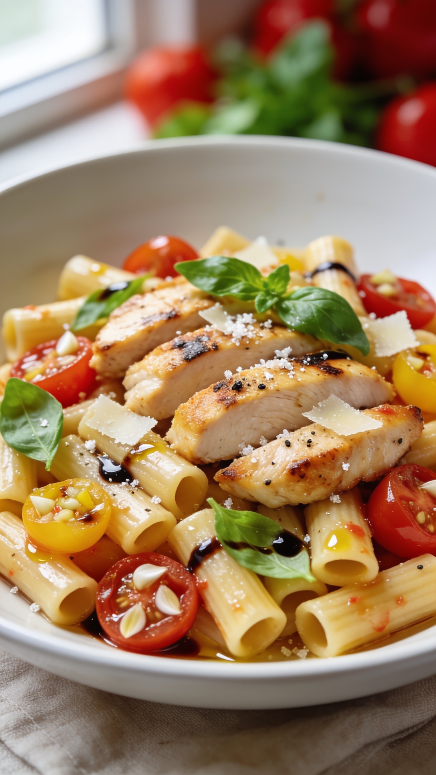 Extreme close-up hero shot of High Protein Chicken Bruschetta Pasta: al dente short high-protein pasta (mezze rigatoni or penne) tossed with juicy golden-seared chicken breast slices, marinated cherry tomato bruschetta (halved red and yellow tomatoes with minced garlic), glossy extra-virgin olive oil and balsamic glaze sheen, fine shavings of Parmesan, torn fresh basil leaves, and a light sprinkle of flaky sea salt and cracked black pepper. Pasta glistens with a light garlicky tomato pan sauce clinging to each piece; chicken is moist with light char edges. Shot in bright natural window light, shallow depth of field, 90–95% frame filled with the plated pasta in a wide, low white bowl on a neutral linen. Premium food-blog styling, vibrant reds and greens popping, background softly blurred, no text.