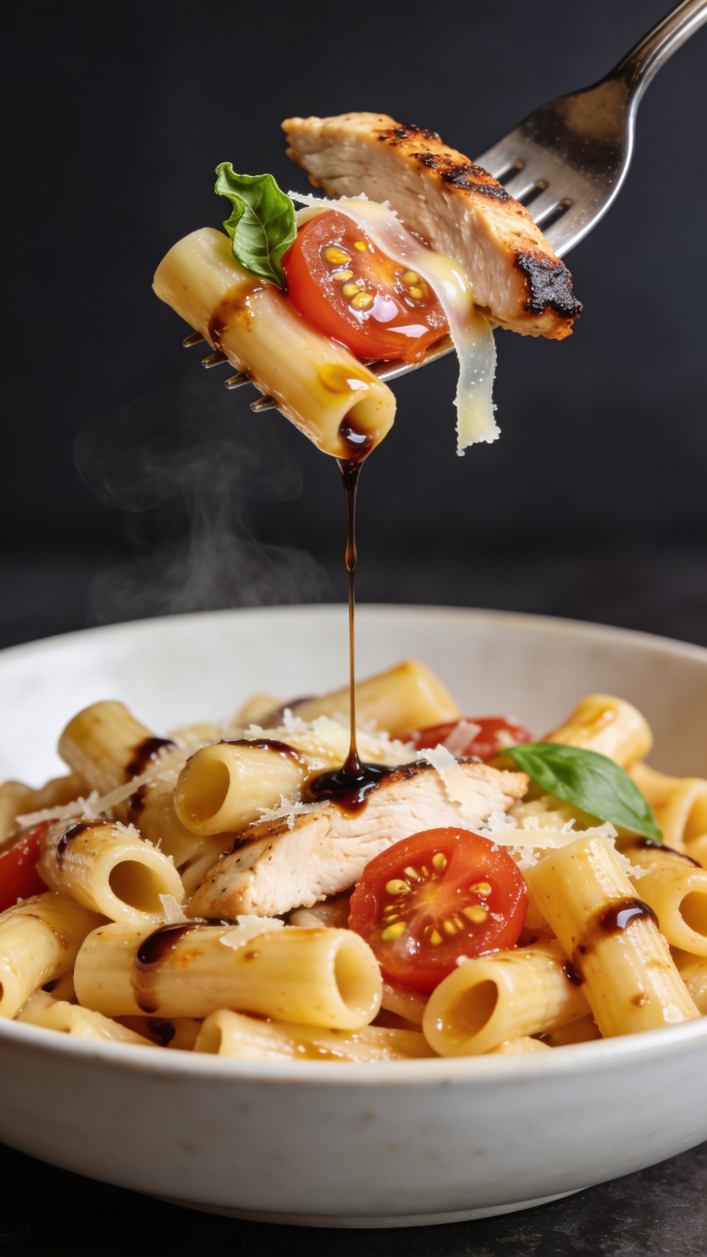 Dynamic action close-up: a polished fork lifting the perfect bite of the same High Protein Chicken Bruschetta Pasta one second before a mouthful. On the fork: one curved pasta tube coated in glossy olive oil–balsamic glaze, a juicy slice of seared chicken with caramelized edge, and a burst cherry tomato half with visible seeds and juices, a ribbon of melted Parmesan, and a small torn basil leaf. A thin trail of balsamic glaze drips slowly from the fork back toward the bowl; faint steam rises from the freshly tossed pasta. Bright natural lighting, shallow depth of field, 90–95% of frame filled with the dish below and the lifted bite in crisp focus, no hands visible, premium magazine-style allure.