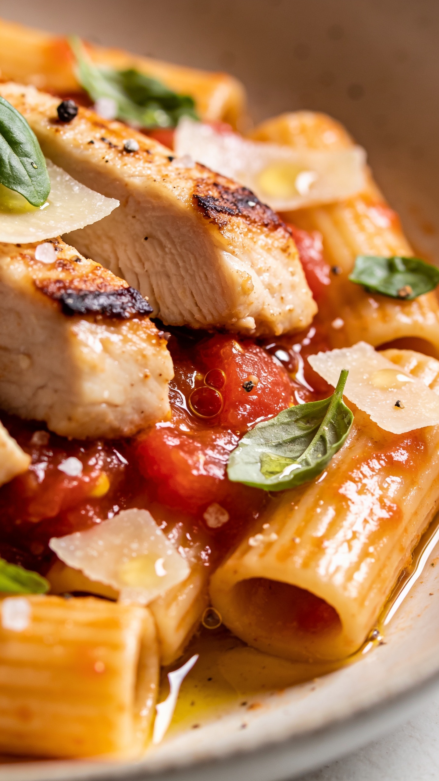 Macro detail close-up from a low angle of the same finished pasta in the bowl: focus on glistening pasta tubes coated with garlicky tomato juices, seared chicken slices with juicy interior and lightly crisp edges, crushed bruschetta tomatoes pooling into a glossy sauce, micro-beads of olive oil catching light, delicate Parmesan shavings melting slightly, torn basil scattered on top. A few coarse sea salt crystals and cracked pepper specks visible. Bright natural daylight, shallow depth of field with foreground textures tack-sharp and background creamy, 90–95% frame filled, cohesive with the other images, no props or text.