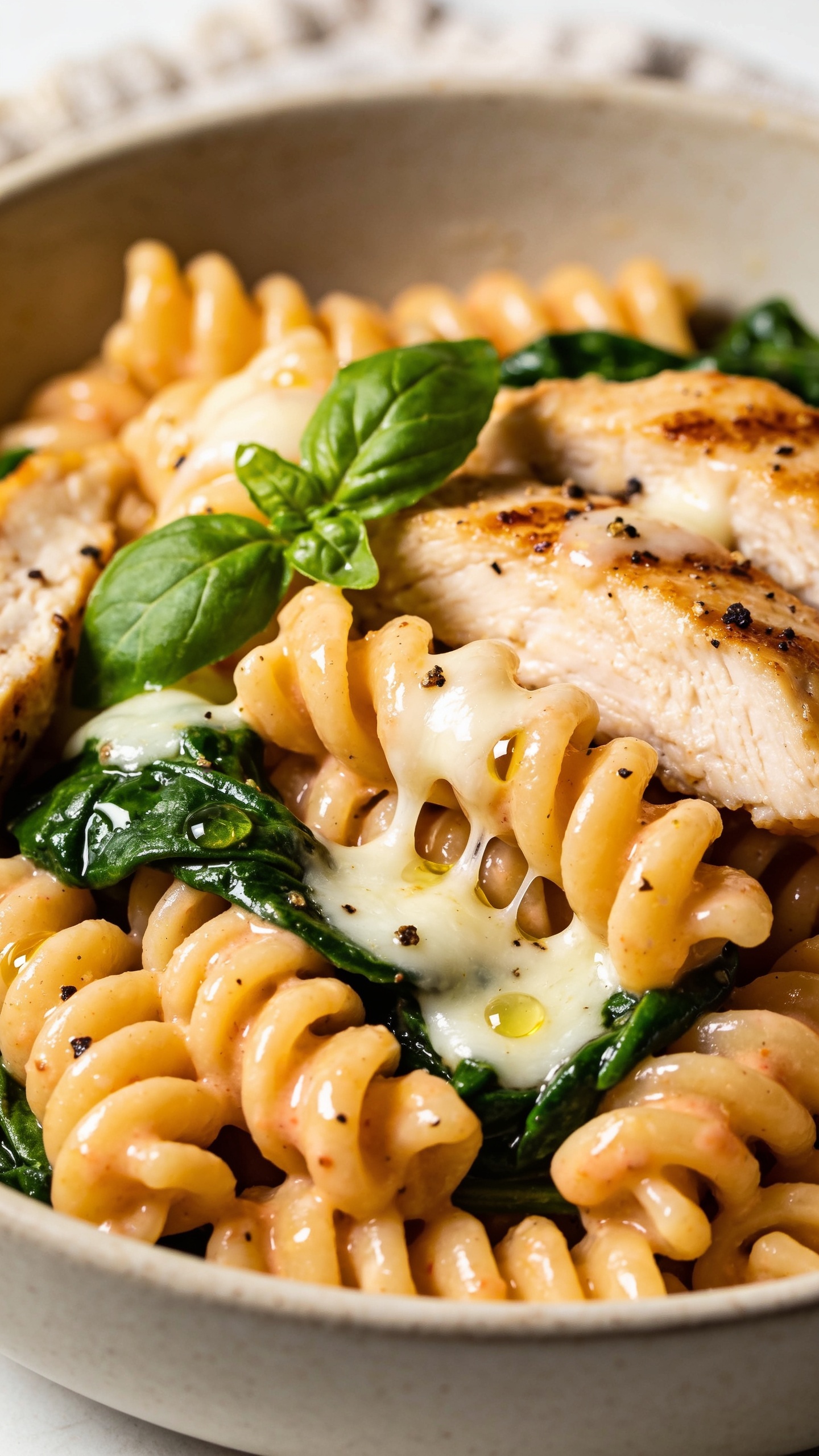 Ultra close-up hero shot of a skillet-to-bowl serving of high protein chicken mozzarella pasta: al dente rigatoni made from chickpea or lentil pasta coated in a glossy, creamy light tomato-garlic sauce; golden seared chicken breast slices nestled throughout; generous melted mozzarella with visible stretchy strands pooling between ridges of pasta; bright green baby spinach just wilted and glossy; a sprinkle of fresh basil and cracked black pepper; tiny beads of olive oil sheen catching bright natural window light; shallow depth of field with the front curls of rigatoni and melty cheese in crisp focus; food fills 90–95% of the frame; premium food-blog styling on a neutral matte ceramic bowl with a soft linen edge blurred in the background.