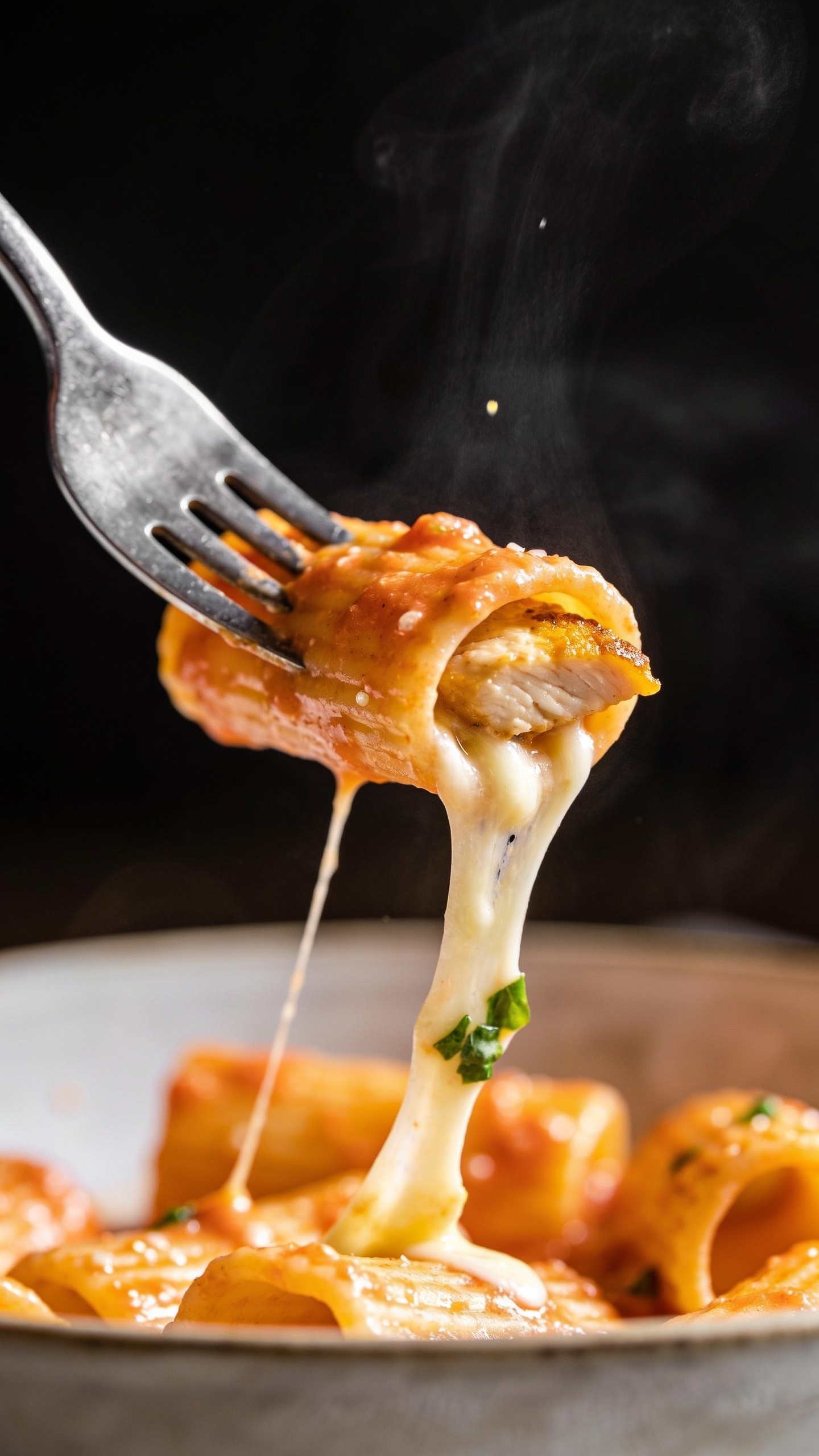 Dynamic action close-up: a shiny fork lifting the perfect bite one second before the mouth—one rigatoni tube wrapped in creamy tomato sauce with a golden-edged chicken slice tucked inside and a ribbon of melted mozzarella stretching back to the bowl; a few flecks of basil clinging to the cheese; faint steam rising; sauce glistening with micro droplets; bright natural side light catching the cheese pull; shallow depth of field so the lifted bite is tack-sharp while the bowl of the same pasta below blurs into bokeh; food dominates 90–95% of frame; no hands visible, only the fork and the irresistible bite.