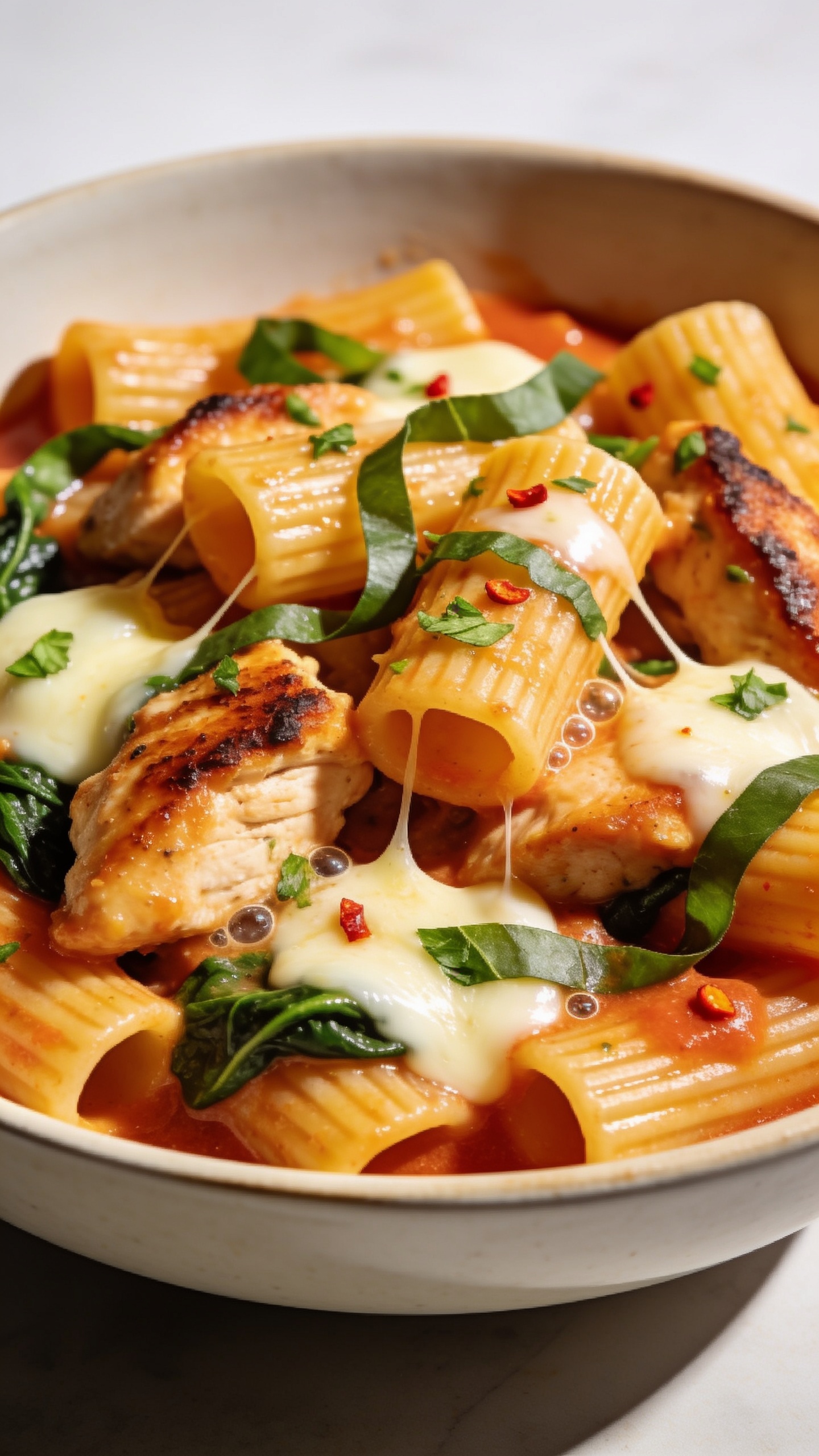 Macro close-up from a low angle across the rim of the bowl: ridged rigatoni packed with juicy chicken pieces, creamy tomato-garlic sauce lacquered on every groove, mozzarella melted into glossy puddles and light strings between noodles, spinach ribbons adding vibrant green, a final dusting of finely chopped basil and a few red pepper flakes for contrast; tiny bubbles of sauce visible where it clings; bright natural top light with soft shadows; shallow depth of field emphasizing layered textures and crispy sear on chicken edges; food fills 90–95% of frame; cohesive with the same bowl and styling as the hero image.