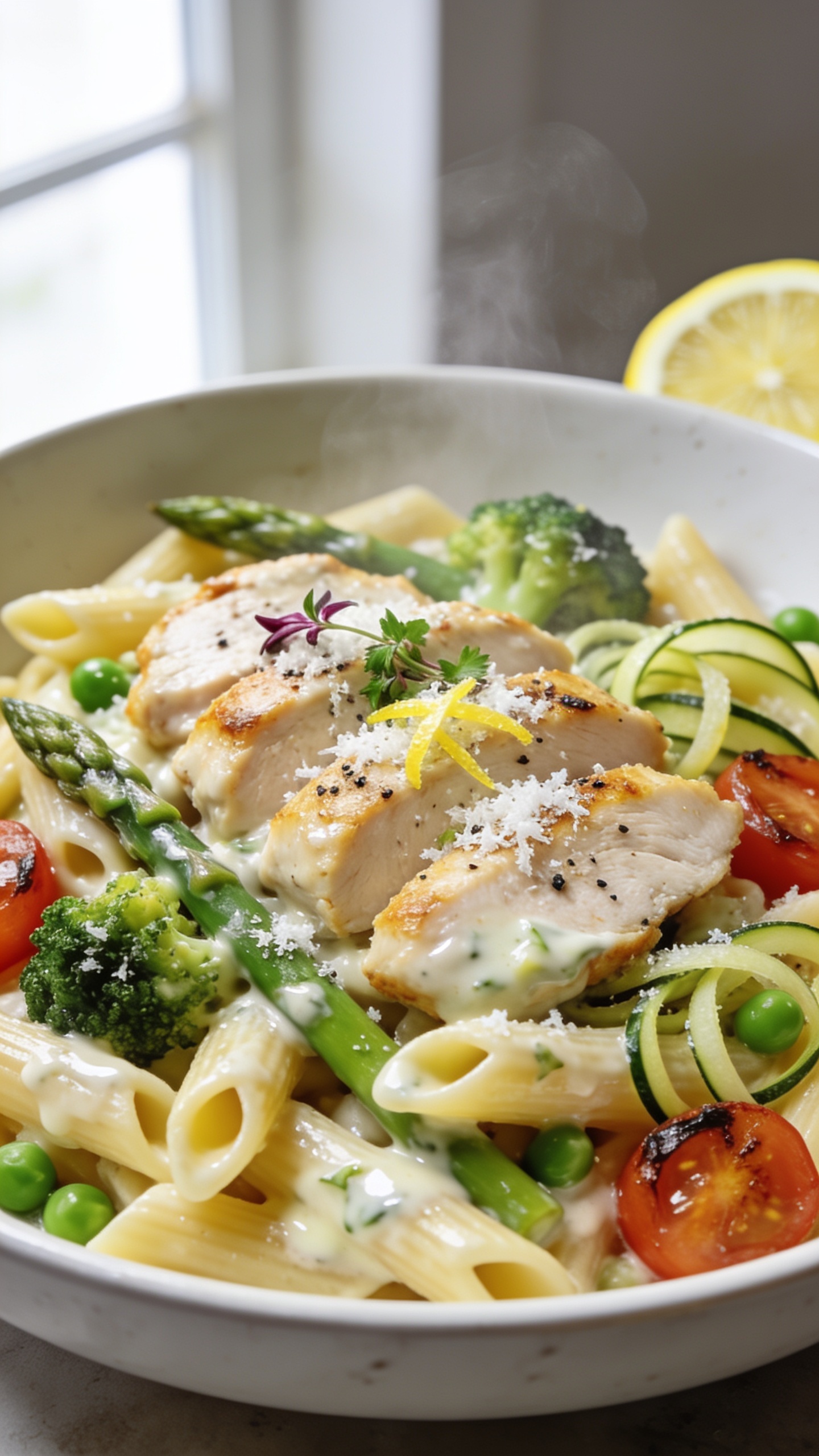 Ultra close-up hero shot of High Protein Chicken Primavera Pasta: al dente penne coated in a silky, light Parmesan–Greek yogurt lemon-garlic sauce, glossy and clinging to the pasta; juicy seared chicken breast slices with light golden edges; vibrant spring vegetables—bright green asparagus tips, tender broccoli florets, sweet peas, thin ribbons of zucchini, and halved cherry tomatoes just blistered; sprinkled with freshly grated Parmesan and a dusting of cracked black pepper, micro-chopped parsley and lemon zest scattered on top; a slice of lemon tucked subtly in the background; served in a wide, shallow white bowl with a matte finish; bright natural window light from the left, soft bounce on the right, shallow depth of field with bokeh background; food fills 90–95% of frame, rich textures and steam faintly visible.