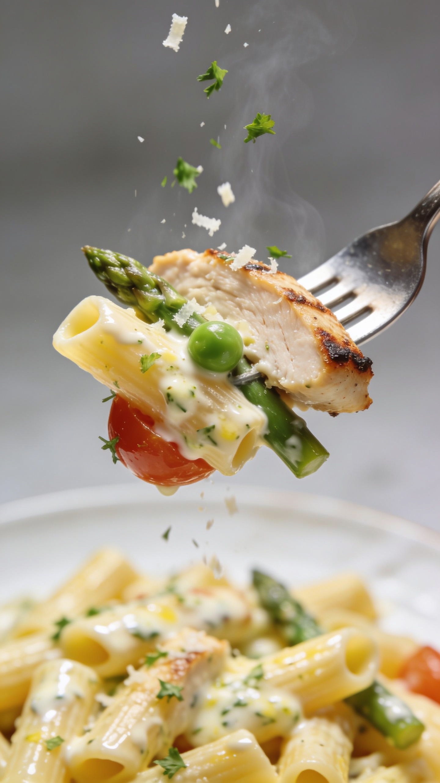Dynamic action close-up: a polished fork lifting the perfect bite of the same High Protein Chicken Primavera Pasta one second before a mouthful—one penne tube sheathed in glossy light lemon-garlic Parmesan–Greek yogurt sauce, a tender slice of seared chicken with caramelized edge, a snap-bright asparagus tip, one pea and a sliver of cherry tomato clinging; micro flecks of parsley and Parmesan shavings caught mid-fall; faint steam rising; background plate of the same pasta softly blurred; bright natural light, shallow depth of field, food filling 90–95% of frame, no hands, only the fork tip visible, emphasizing creamy sheen and vibrant color contrast.