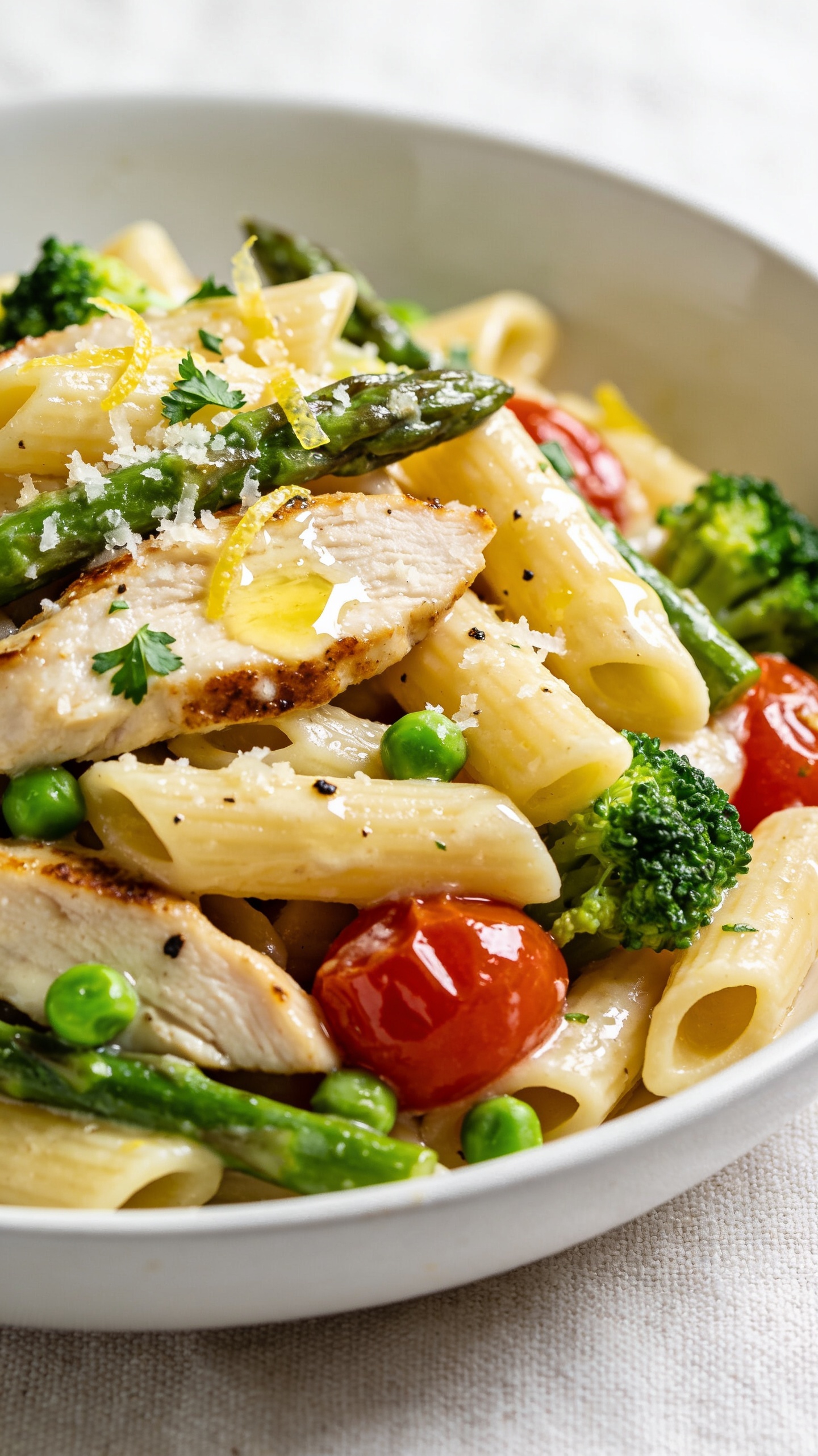 Extreme close-up from a low 3/4 angle of the plated High Protein Chicken Primavera Pasta: penne piled high, sauce glistening in the curves, chicken slices nestled throughout with lightly browned edges, asparagus and broccoli vivid green, peas popping, cherry tomatoes glossy and just burst; a gentle squeeze-gloss of lemon oil sheen visible on the sauce; fine-grated Parmesan melting into the surface, lemon zest and parsley scattered; a few toasted black pepper flecks; served in the same matte white shallow bowl on a light linen; bright natural side light, shallow depth of field, tight crop with food filling 90–95% of frame, cohesive with the hero shot.