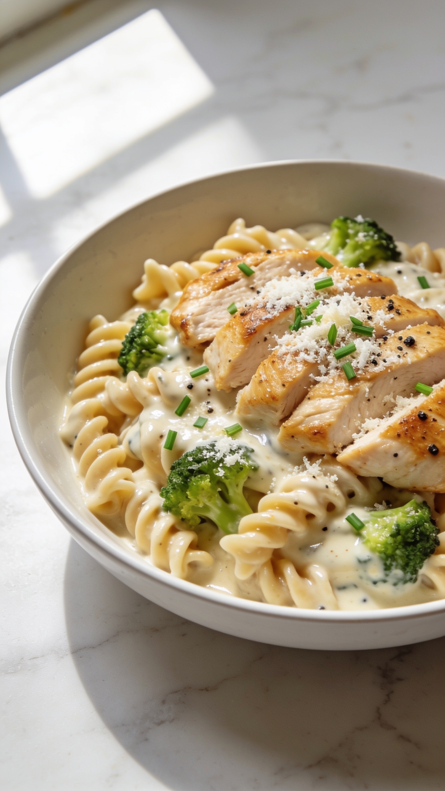 Ultra-close hero shot of High Protein Creamy Ranch Chicken Pasta: al dente protein-enriched wheat rotini coated in a glossy, velvety ranch cream sauce, topped with juicy golden-seared chicken breast slices, a light snowfall of finely grated Parmesan, and a sprinkle of fresh chopped chives and cracked black pepper. Sauce clings to every spiral with subtle sheen; a few bright green steamed broccoli florets tucked in for color without crowding. Plated in a shallow matte-white bowl on a light marble surface, natural window light from the left, soft shadows, shallow depth of field, creamy whites and warm golden tones, food filling 90–95% of frame, premium food-blog styling, no text.