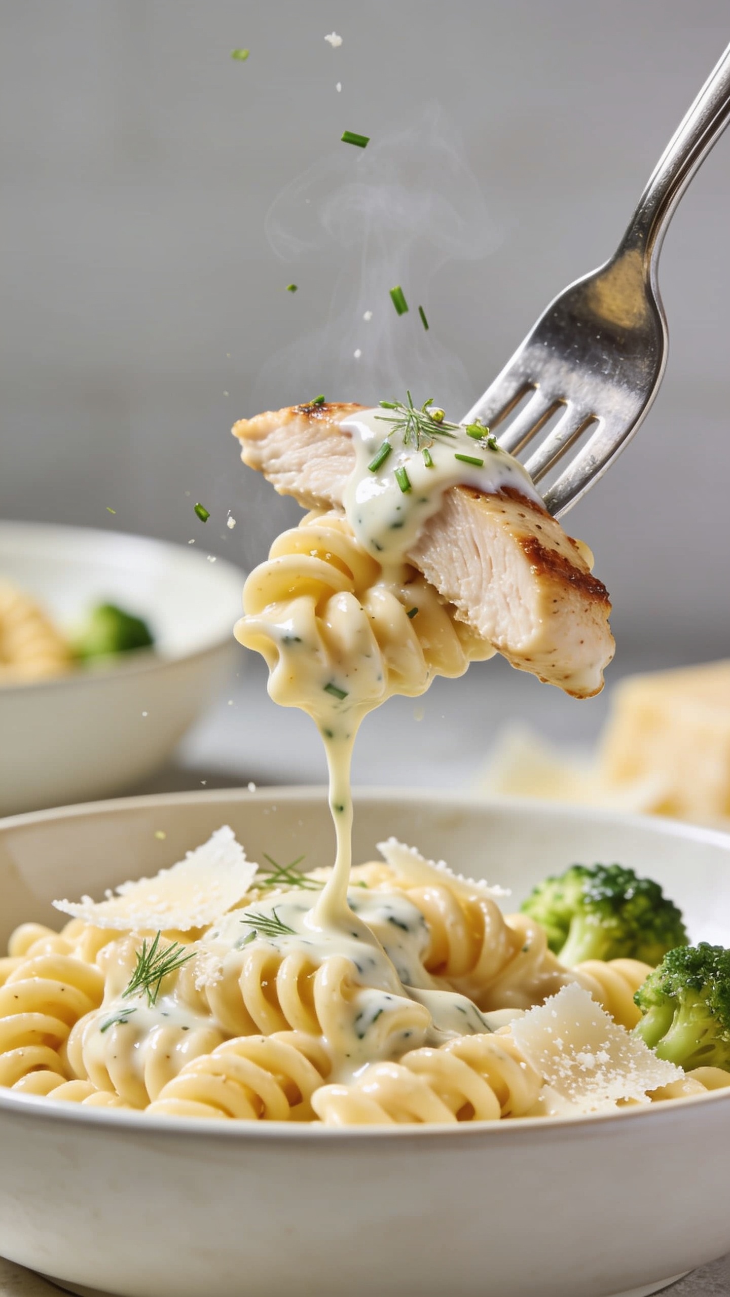 Dynamic action close-up: a polished fork lifting the perfect bite of the same ranch chicken pasta one inch above the bowl—one rotini coil lacquered in glossy ranch cream, a tender slice of seared chicken draped over it, a ribbon of sauce slowly stretching back to the bowl, tiny flecks of dill and chives clinging, micro steam visible against the light. Background bowl blurred but consistent with hero plate; Parmesan shavings and a few broccoli florets in soft focus. Bright natural side light, shallow depth of field, movement frozen at the most mouthwatering moment, food dominating 90–95% of frame, no hands or people, no text.