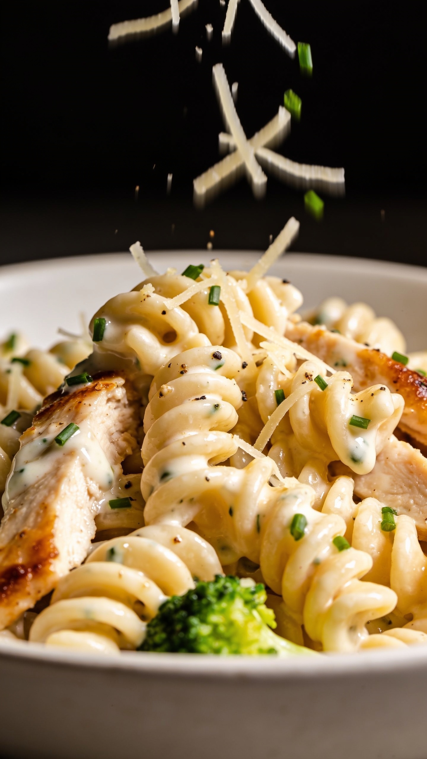 Extreme close-up from a lower three-quarter angle of the same finished dish: tight cluster of rotini swirls drenched in creamy ranch sauce with glossy highlights, edges of chicken slices showing juicy fiber and light caramelization, micro-beads of sauce pooling in pasta grooves, scattered chives and cracked pepper, delicate Parmesan strands melting on contact. A hint of broccoli for fresh green contrast, matte-white bowl rim barely visible, bright natural lighting, shallow depth of field with bokeh, rich textures and vibrant colors, food filling 90–95% of frame, premium food-blog aesthetic, no text.
