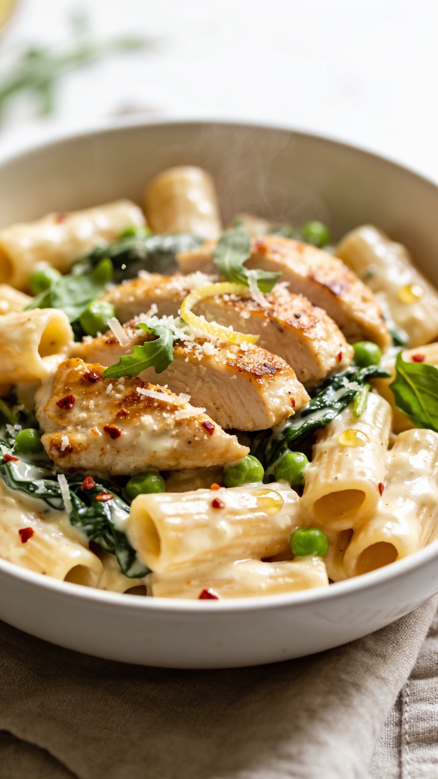 Ultra close-up hero shot of High Protein Chicken Ricotta Pasta: al dente short pasta (rigatoni) coated in a glossy, creamy ricotta-Parmesan sauce that clings to every ridge, with juicy golden-seared chicken breast slices nestled throughout, flecks of red chili flakes, bursts of bright green peas and ribbons of sautéed spinach, finished with a light lemon zest sprinkle and micro-grated Parmesan; fresh basil chiffonade scattered; tiny glistening olive oil droplets; bright natural window light, shallow depth of field, creamy bokeh; warm white ceramic bowl on a neutral linen, 90–95% frame filled with the pasta, sauce sheen and steam faintly visible.