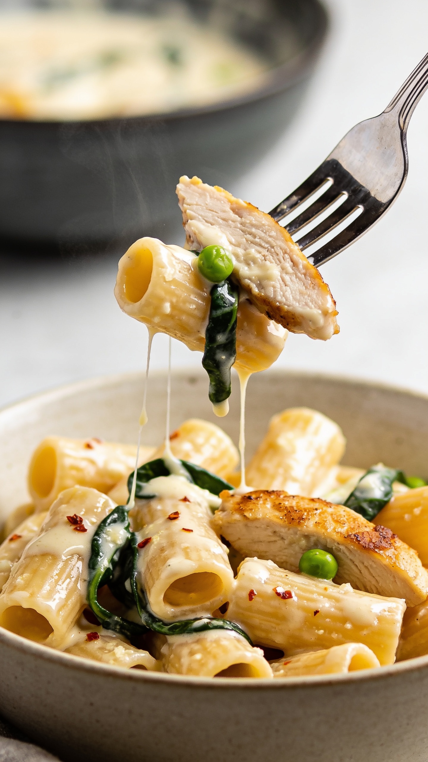 Dynamic magazine moment: a polished stainless fork lifting the perfect bite from the same bowl of High Protein Chicken Ricotta Pasta—one rigatoni tube dripping glossy ricotta-Parmesan sauce, a tender slice of golden-seared chicken tucked against it, a spinach ribbon and a single pea clinging, tiny chili flakes dotting the surface; a delicate strand of melted cheese stretching back to the bowl; faint visible steam; bright natural side light, shallow depth of field with the background bowl creamy-blurred; food fills 90–95% of frame; no hands, just the fork and the suspended bite, capturing motion and anticipation.