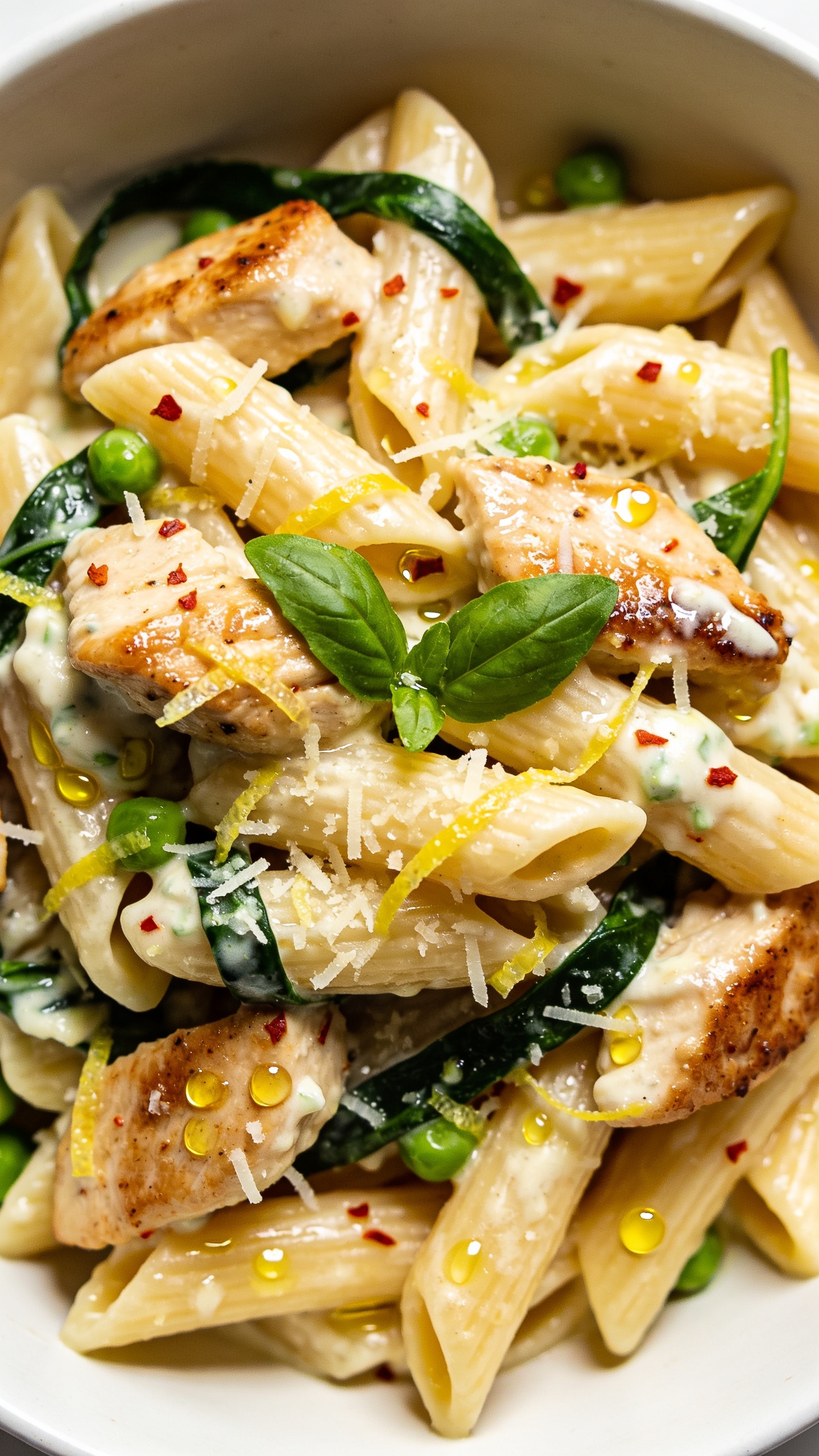 Tight angle macro close-up from slightly overhead: the same finished High Protein Chicken Ricotta Pasta twirled and piled high, sauce luxuriously coating rigatoni, seared chicken pieces glistening, micro-shreds of Parmesan melting into the ricotta, lemon zest and red chili flakes sprinkled evenly, vibrant spinach ribbons and peas peeking through; a few fresh basil leaves tucked in; tiny beads of olive oil catching light; bright natural lighting, shallow depth of field emphasizing creamy textures and ridges, 90–95% of frame filled with the pasta in a warm white bowl for a cohesive, premium food-blog look.