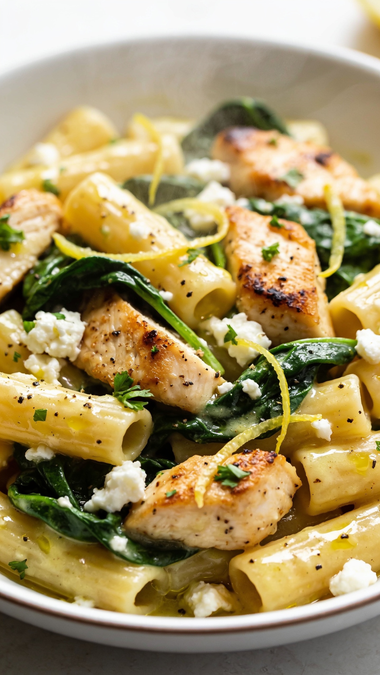 Ultra-close-up hero shot of High Protein Chicken Feta Spinach Pasta: al dente short pasta (rigatoni) tossed in a glossy, light lemon-garlic olive oil sauce with crumbled feta gently melting into a creamy, tangy coating; juicy golden-seared chicken breast bites (well-seasoned, lightly charred edges) nestled throughout; vibrant ribbons of wilted baby spinach and thin shavings of lemon zest scattered on top; a sprinkle of freshly cracked black pepper and micro-chopped parsley; a few feta crumbles still distinct for texture contrast; food fills 90–95% of frame in a shallow white bowl with minimal rim showing; bright natural side lighting, shallow depth of field, soft bokeh, no hands, no text; premium food-blog styling, clean neutral background, steam subtly visible to suggest warmth.