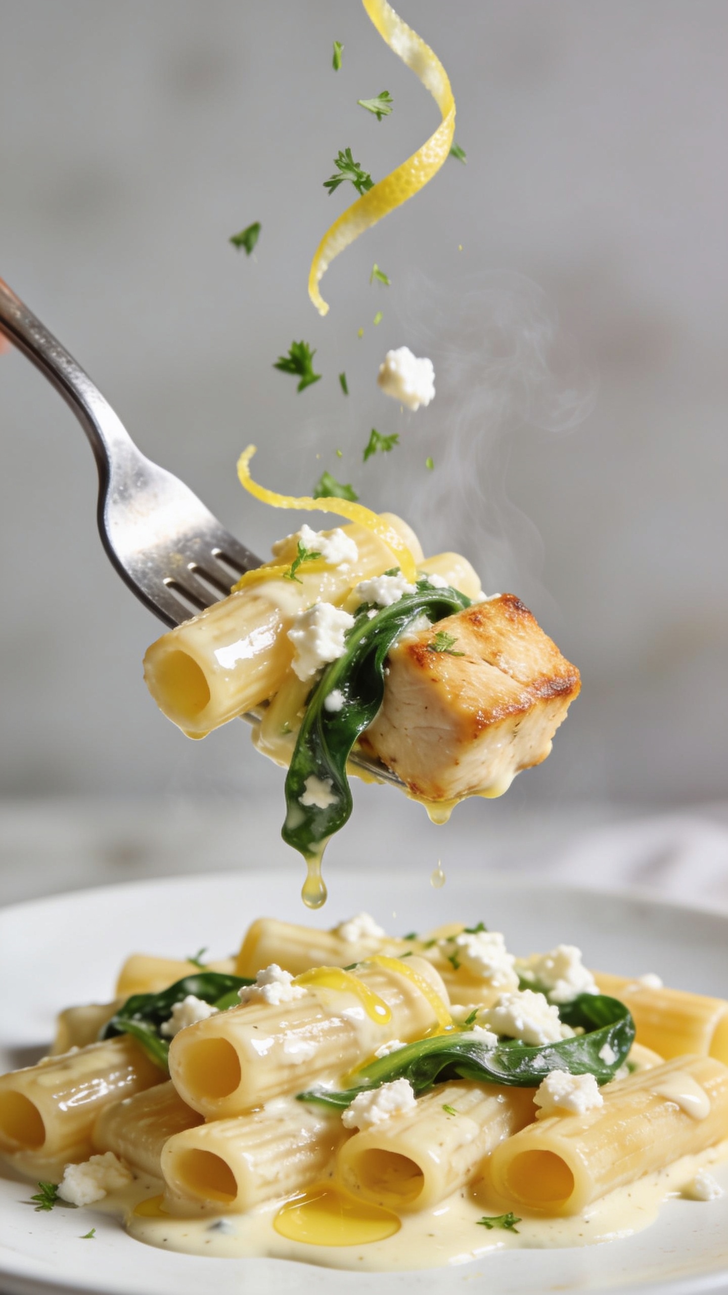 Dynamic action close-up of the same dish with a fork lifting the perfect bite one second before it reaches the mouth: a few tubes of rigatoni coated in glossy feta-lemon sauce, a juicy cube of golden-seared chicken, a ribbon of wilted spinach clinging to the pasta, tiny feta crumbles and droplets of sauce glistening; lemon zest strands and micro parsley specks caught mid-air settling onto the lifted bite; gentle steam rising; the plated pasta beneath remains in frame, creamy sauce pooling lightly between noodles; bright natural light, shallow depth of field isolating the lifted forkful, background softly blurred; only the fork visible as utensil, no hands, food filling 90–95% of frame, premium magazine-cover energy.