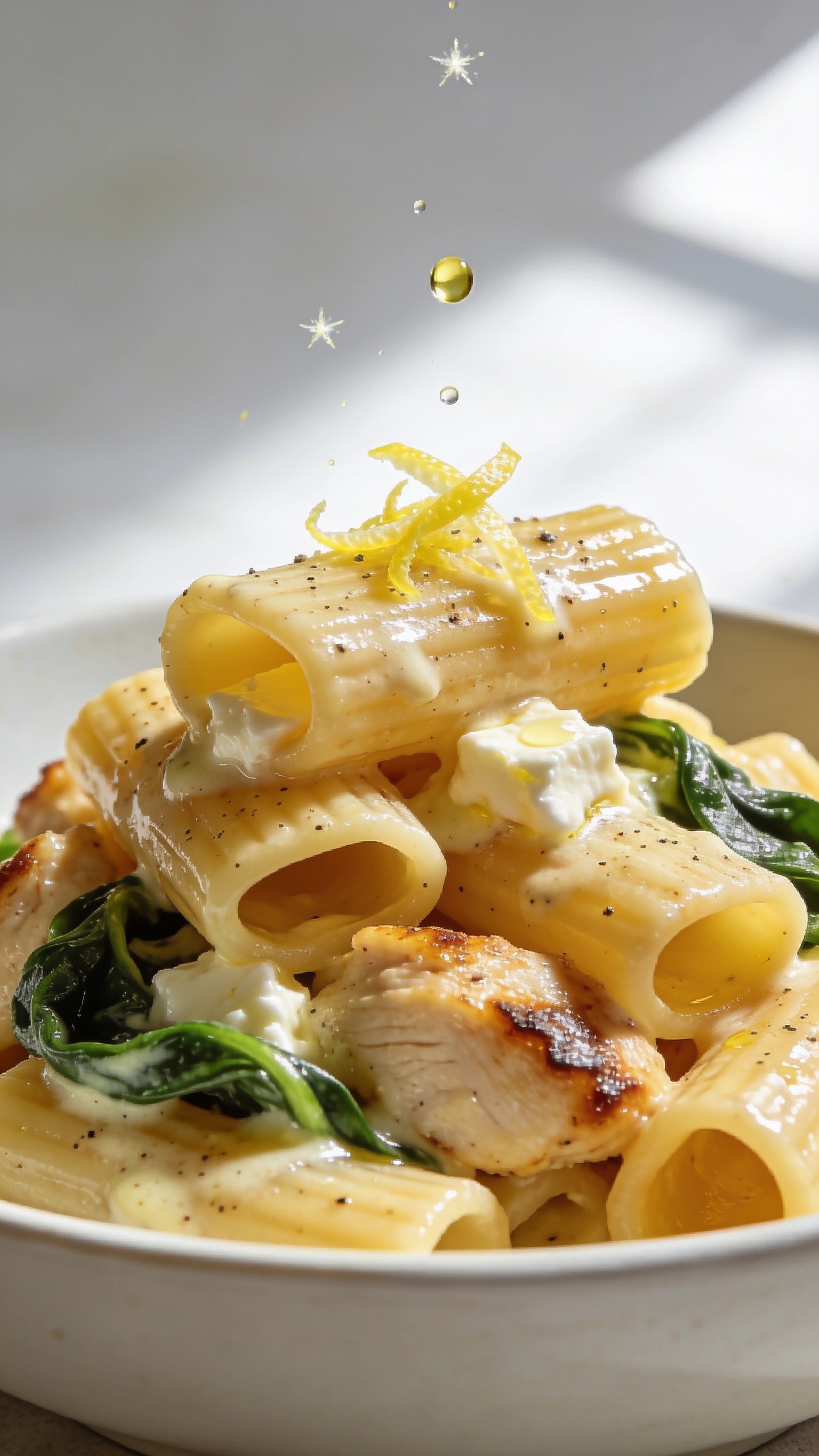 Macro close-up from a lower angle of the same finished pasta emphasizing texture and creaminess: rigatoni stacked with visible sauce sheen and pepper flecks, pockets of softened feta partially melted into a creamy emulsion, succulent chicken pieces with caramelized edges peeking through, vibrant spinach ribbons folded in; a light squeeze of lemon evidenced by fresh zest sparkles on top; tiny olive oil droplets catching the light; shallow white bowl edge barely visible; bright natural window light with directional highlights, very shallow depth of field to emphasize glossy sauce and juicy textures; clean, neutral backdrop; food dominates 90–95% of frame, no utensils, no hands, cohesive with the hero shot.