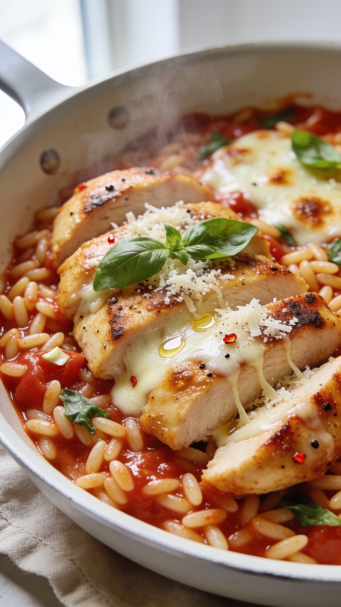 Ultra-close hero shot of High Protein Chicken Parmesan Orzo in a shallow white skillet: golden seared chicken breast slices nestled into glossy tomato-basil orzo, pearls of orzo coated in a thick red sauce with visible garlic and crushed tomato texture, melted mozzarella pooled and lightly browned in spots with gooey strands, fresh grated parmesan dusting and a few torn basil leaves on top, edges of chicken with crisp caramelization, tiny flecks of black pepper and red pepper flakes, a light drizzle of extra-virgin olive oil catching the light. Bright natural window light from the left, subtle steam rising, shallow depth of field, creamy bokeh, food filling 90–95% of frame, premium food-blog styling with a neutral linen barely peeking at the edges.