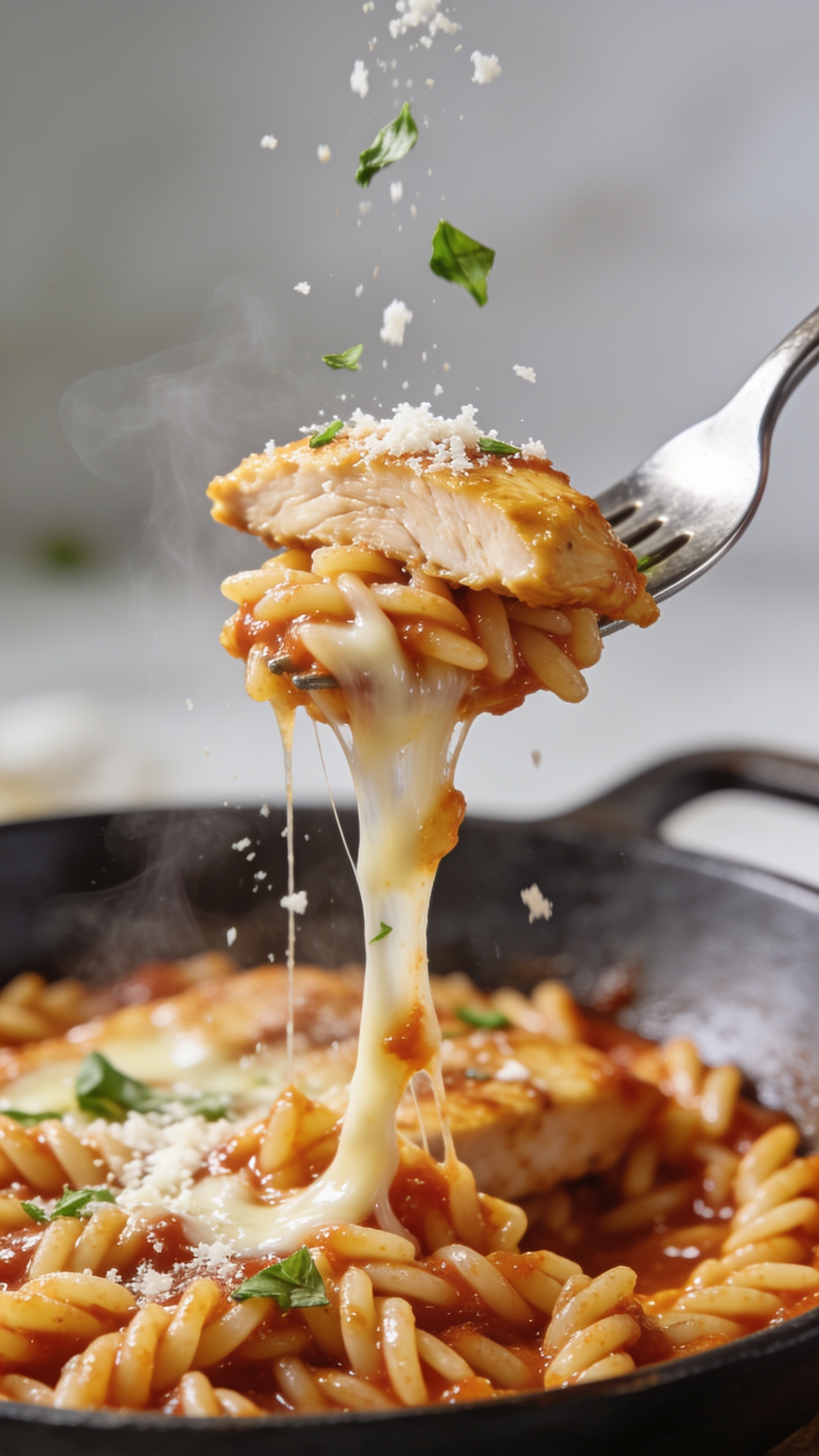 Action close-up capturing the most irresistible bite: a stainless-steel fork lifting a perfect forkful of saucy orzo with a tender slice of golden chicken and a stretchy ribbon of melted mozzarella pulling back to the skillet, strands of cheese mid-stretch, glossy marinara clinging to each orzo grain, a sprinkle of grated parmesan and tiny basil confetti falling mid-air toward the bite, faint steam visible. Bright natural light, shallow depth of field focusing on the lifted bite, background skillet softly blurred, food filling 90–95% of frame, no hands or people visible.