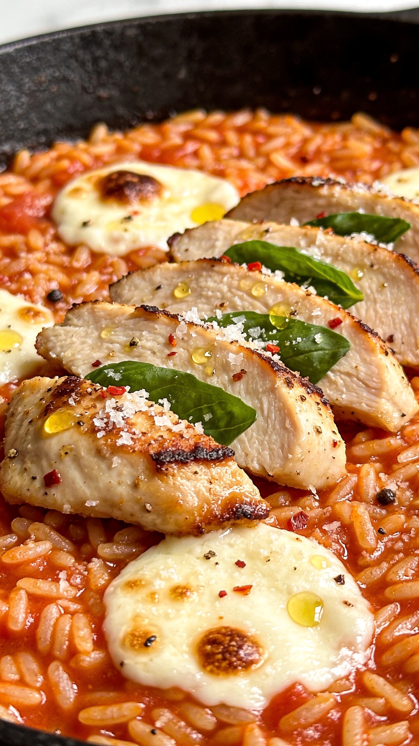 Macro close-up from a low 45-degree angle of a plated portion that matches the skillet version: thick bed of tomato-coated orzo with visible starch-gloss, a few browned mozzarella blisters on top, juicy chicken slices fanned across with crisp edges, micro-beads of olive oil sheen, specks of red pepper flakes and cracked pepper, fresh basil leaves tucked between slices, and fine snow of parmesan on the surface. Bright natural side light, shallow depth of field emphasizing textures (cheese bubbles, chicken sear, orzo grains), food filling 90–95% of frame, cohesive styling matching the hero image.