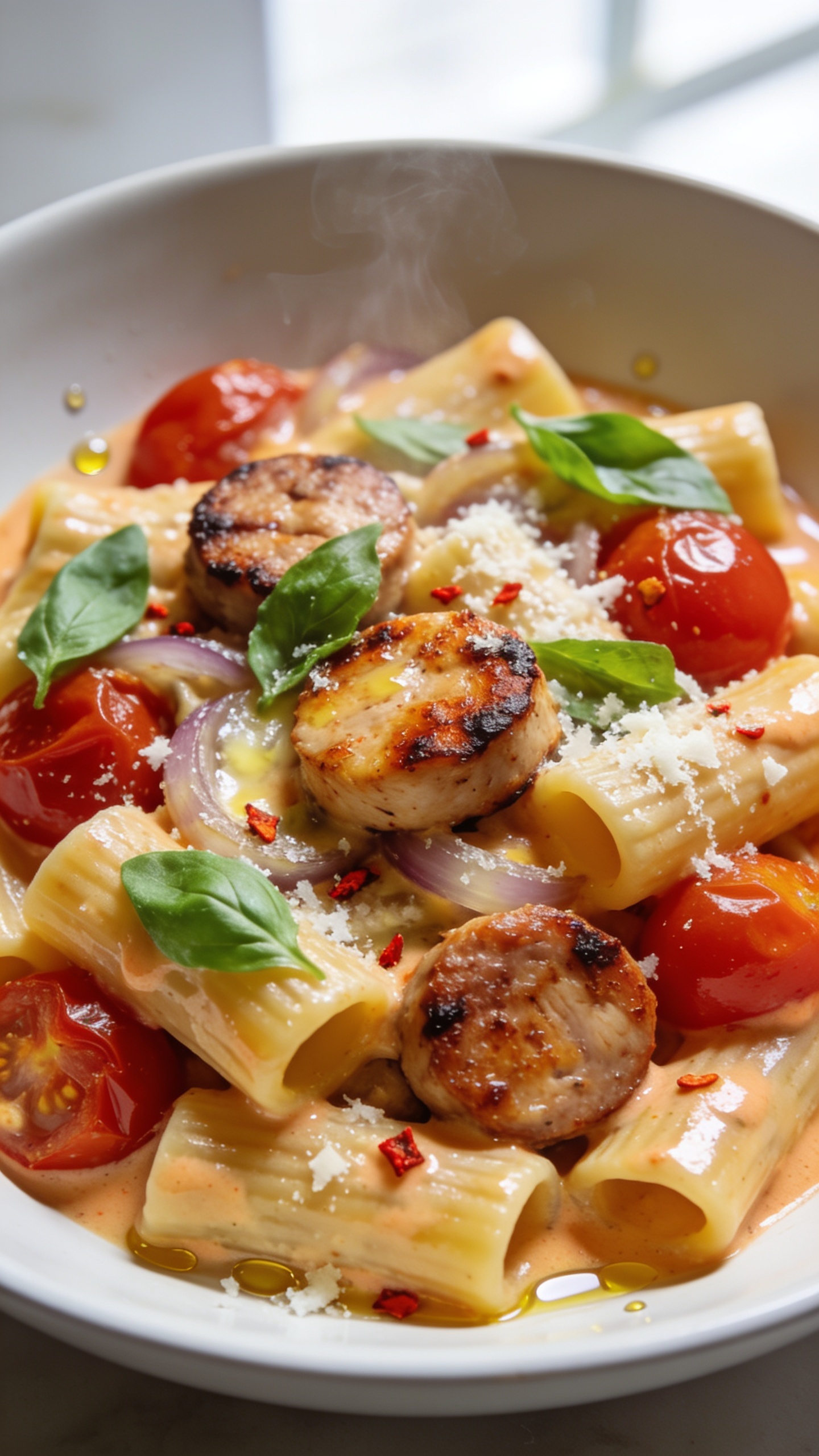 Ultra-close hero shot of High Protein Chicken Sausage Protein Pasta: al dente rigatoni (protein pasta) coated in a glossy light creamy tomato sauce, studded with caramelized rounds of spicy-sweet chicken sausage with seared edges, burst roasted cherry tomatoes, tender sautéed onions, and flecks of red pepper flakes. Freshly grated Parmesan melting into the sauce and torn basil leaves scattered on top. Shot in bright natural window light, shallow depth of field, on a matte white shallow bowl that nearly fills the frame, with subtle steam rising and tiny olive oil sheen highlights. Colors vibrant (tomato red, basil green, golden sausage), premium food-blog styling, 90–95% frame filled with the plated pasta, background soft and minimal.