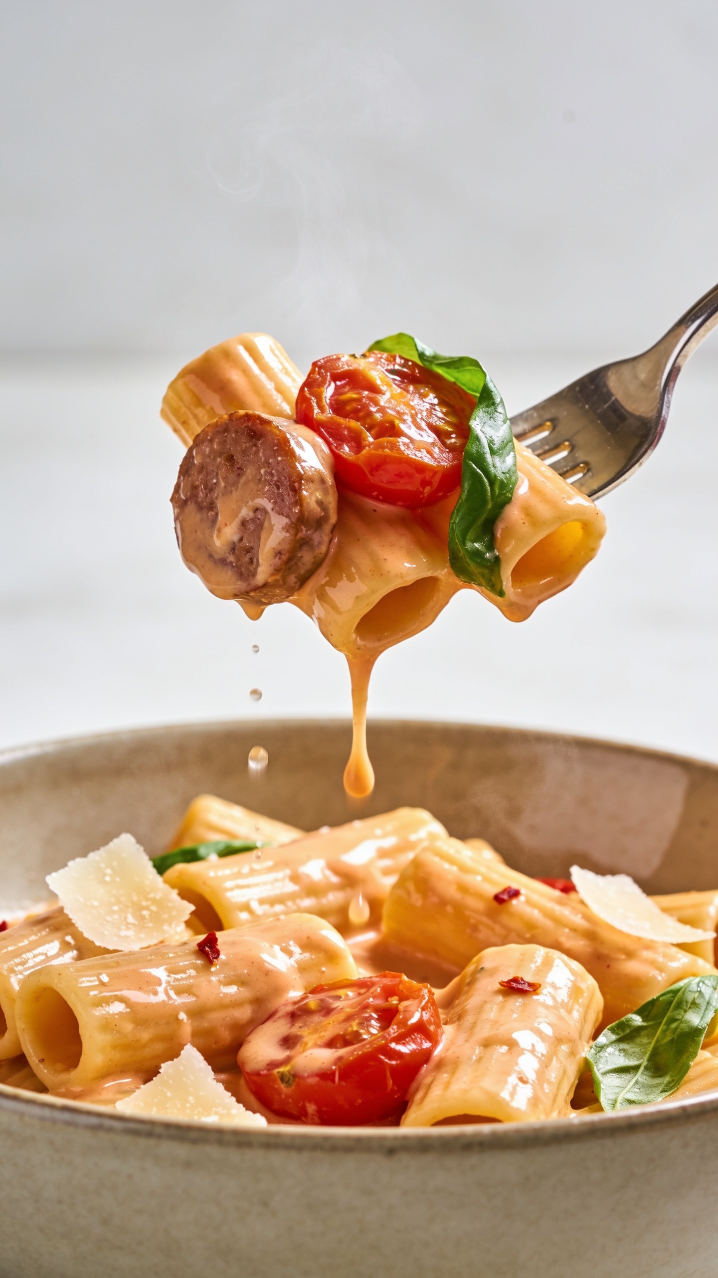 Dynamic action close-up: a polished fork lifting the perfect bite of the same rigatoni pasta, one sausage coin, a roasted cherry tomato half, and a ribbon of basil, all cloaked in the same glossy light creamy tomato sauce. The lifted bite is mid-air over the matching bowl, sauce gently trailing and a few Parmesan shavings clinging, micro-droplets glistening in bright natural light. Shallow depth of field isolates the mouthwatering bite; no hands visible, only the fork and the pasta. Subtle steam and a few red pepper flakes visible on the sauced noodles. Food fills 90–95% of the frame, with motion frozen one second before the bite.