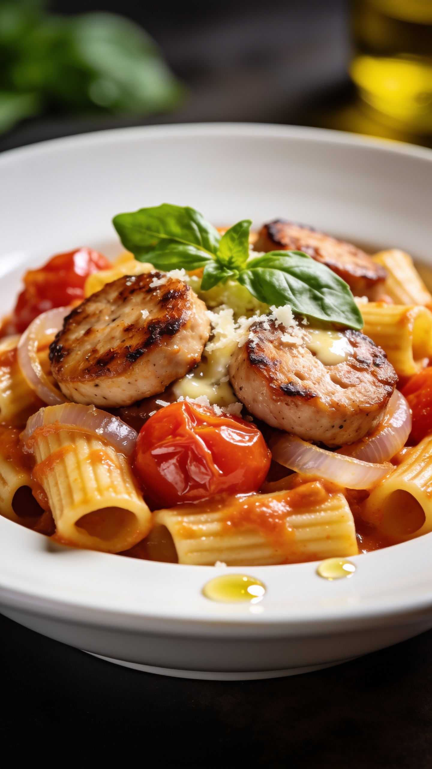 Extreme close-up from a low 3/4 angle of the same finished pasta in the same white shallow bowl: focus on juicy textures—seared chicken sausage rounds with crisped edges, rigatoni ridges catching creamy tomato sauce, roasted cherry tomatoes gently collapsed and glossy, translucent sautéed onions, Parmesan barely melting, and torn basil leaves fresh and vivid. A light drizzle of olive oil adds tiny reflective highlights. Bright natural lighting, shallow depth of field with bokeh in the background tomatoes and basil. Rich, saturated colors and premium styling, food dominating 90–95% of the frame to emphasize saucy sheen and hearty protein.