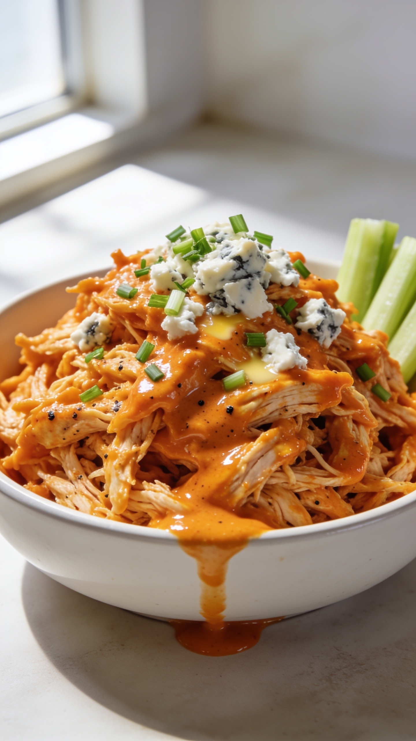 Ultra-close hero shot of High Protein Crockpot Buffalo Chicken piled high in a shallow white bowl: tender shredded chicken fully coated in glossy bright-orange buffalo sauce, slight sheen of melted butter, a few visible flecks of black pepper; topped with crumbled blue cheese and a fine sprinkle of chopped fresh chives and scallions; a few crisp celery sticks tucked at the edge for context; optional light drizzle of extra buffalo sauce pooling slightly at the base. Bright natural window light from the left, soft shadows, shallow depth of field, 90–95% of frame filled with saucy shredded chicken, premium food-blog styling on a light neutral tabletop, no text, no hands.