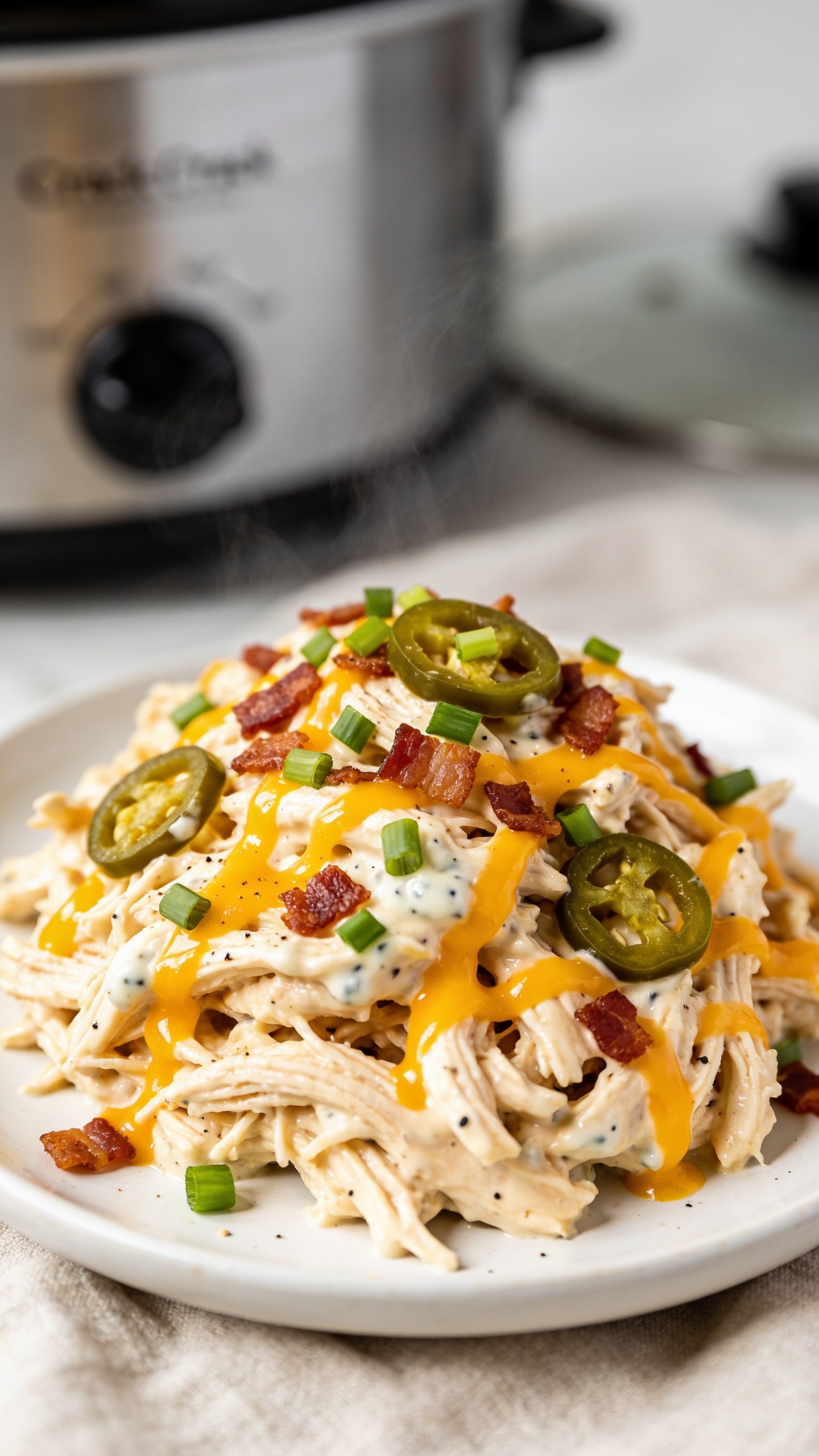 Extreme close-up hero shot of High Protein Crockpot Crack Chicken piled onto a shallow white plate: ultra-creamy shredded chicken coated in glossy ranch-infused sauce, ribbons of melted reduced-fat cheese, sprinkled with finely sliced green onions and crisped bacon crumbles, a few thin jalapeño rings for color, all glistening and steaming slightly. Texture details: juicy shreds, creamy swirls, tiny black pepper flecks. Background is softly blurred neutral linen with a hint of a slow cooker in the distance; bright natural side lighting, shallow depth of field, 90–95% of the frame filled with the plated chicken, premium food-blog styling, vibrant yet natural colors.