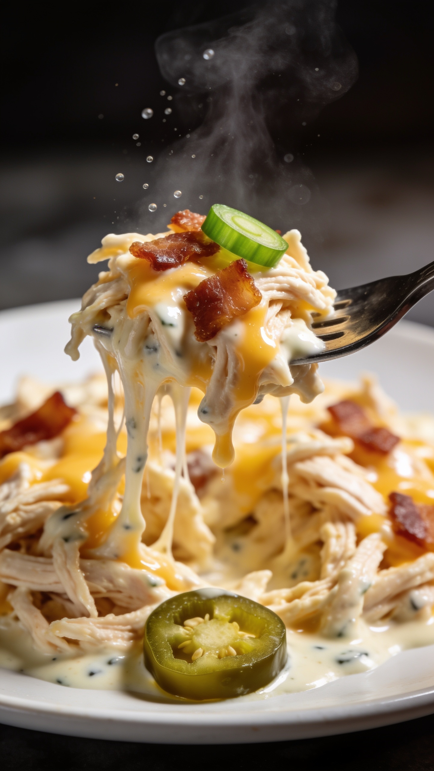 Dynamic action close-up capturing a fork lifting the perfect bite of the same creamy shredded crack chicken from the plate: tender chicken strands stretching up with melted cheese pulling in delicate strings, glossy ranchy sauce clinging to the shreds, micro-beads of steam rising. A few bacon bits and a slice of green onion ride on the lifted bite; one jalapeño ring remains on the plate below. No hands visible—only the fork tip and food. Bright natural lighting, shallow depth of field, background bokeh of the plate’s remaining creamy chicken; 90–95% frame filled with the food and lifted bite, movement frozen at peak anticipation.