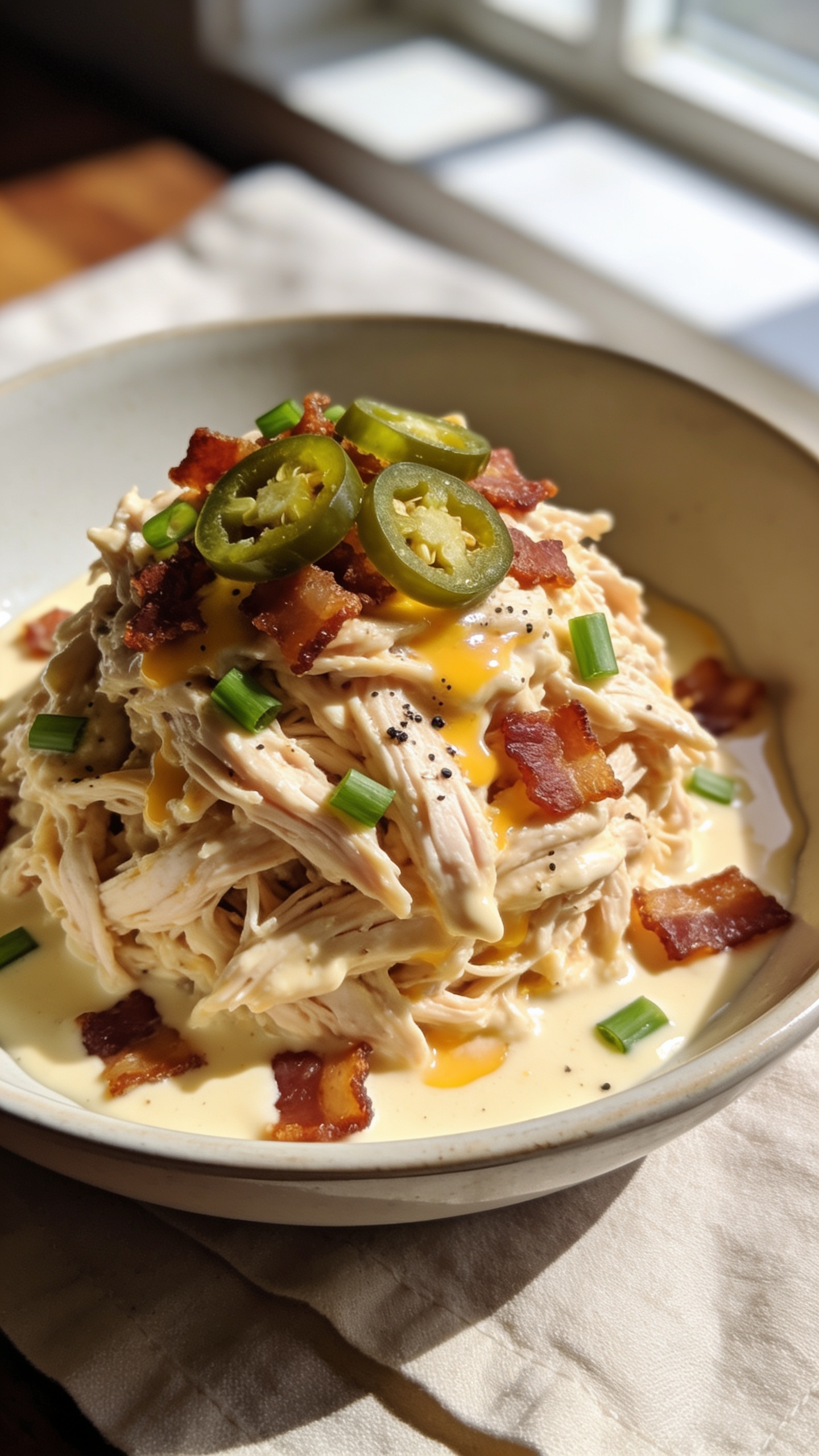 Tight macro from a slightly overhead three-quarter angle of the same finished crack chicken mounded in a shallow bowl: luscious creamy sauce pooling lightly around juicy shredded chicken, crisp bacon crumbles scattered over top, green onions and ultra-thin jalapeño slices adding fresh pop; a few cracks of black pepper and a light sheen of melted cheese visible between shreds. Emphasize glossy sauce, moist texture, and crispy edges of bacon. Bright window light, soft shadows, shallow depth of field with only the front mound in sharp focus; background blur shows a neutral napkin and hint of a wooden surface; food fills 90–95% of the frame, cohesive with the hero image styling.