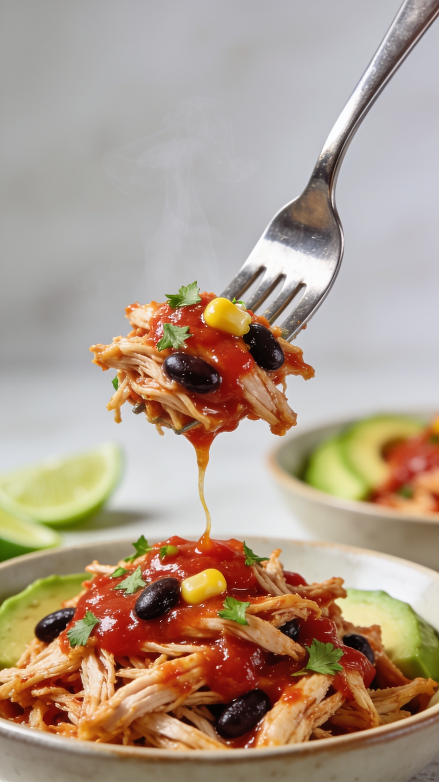 Dynamic action shot: a polished stainless steel fork lifting the perfect bite of the same shredded salsa chicken from the bowl—strands of chicken glistening with glossy red salsa, a few black beans and a corn kernel clinging to the forkful, tiny chopped cilantro leaves sticking to the saucy surface. A thin ribbon of salsa stretches slightly from the fork back to the pile, with faint visible steam rising. Background blur shows the same bowl with avocado slices and lime wedge edges softly out of focus. Bright natural lighting, shallow depth of field, 90–95% of frame filled with food, no hands or faces, intense color and texture that looks one second before the bite.