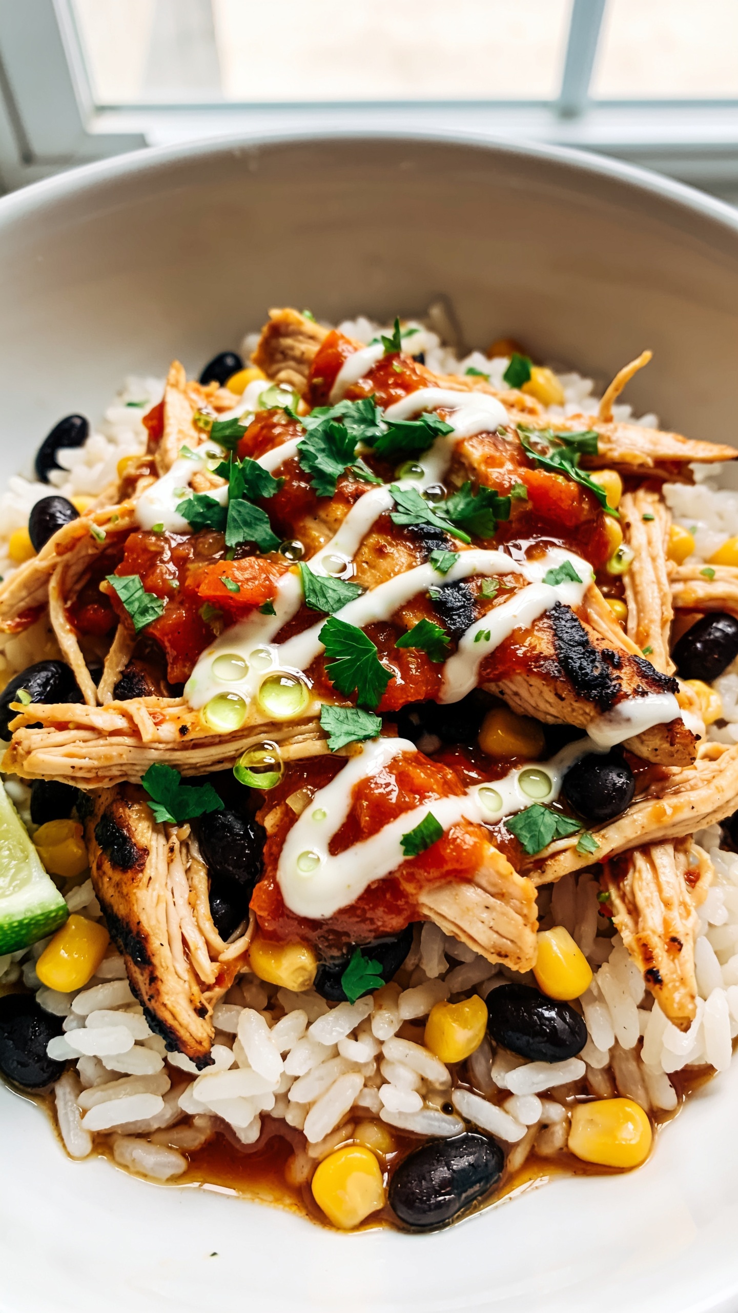 Ultra-close overhead-angled detail shot of the same finished salsa chicken in the same shallow white bowl over rice: shredded chicken strands coated in chunky salsa, char-kissed tips, scattered black beans and corn, glistening juices pooling slightly at the bottom. Fresh chopped cilantro sprinkled evenly, micro-beads of lime juice visible on the glossy surface, a thin swirl of crema or Greek yogurt drizzle zig-zagging lightly for contrast, and a lime wedge edge peeking in. Bright natural window light, shallow depth of field, crisp textures, saturated colors, 90–95% of frame filled with food, consistent styling with the first two images, no text, no hands.