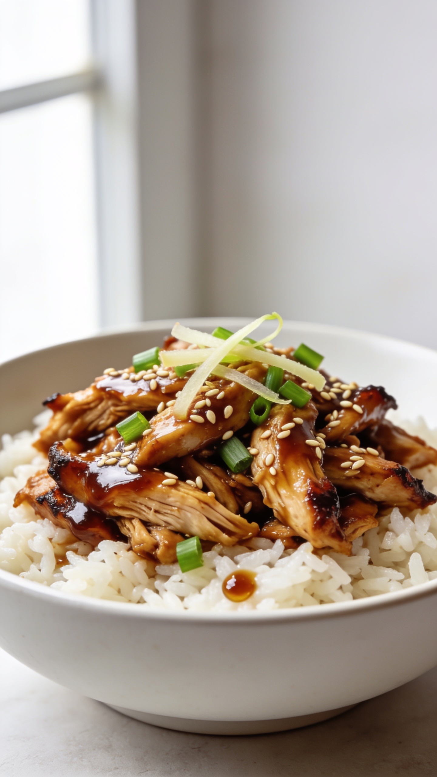Ultra-close hero shot of high-protein crockpot teriyaki chicken plated in a shallow white bowl over fluffy steamed jasmine rice, topped with glossy, thick teriyaki glaze, sprinkled with toasted sesame seeds and thinly sliced scallions, a few delicate ribbons of fresh ginger, and tiny droplets of sauce pooling on the rice; chicken is juicy shredded chunks with caramelized edges and deep mahogany sheen; bright natural window light from the left, soft bounce on the right, shallow depth of field blurring a minimalist neutral backdrop; 90–95% of frame filled with the bowl and chicken, rich textures and vibrant greens popping against the glossy brown sauce, premium food-blog styling, no text, no hands.