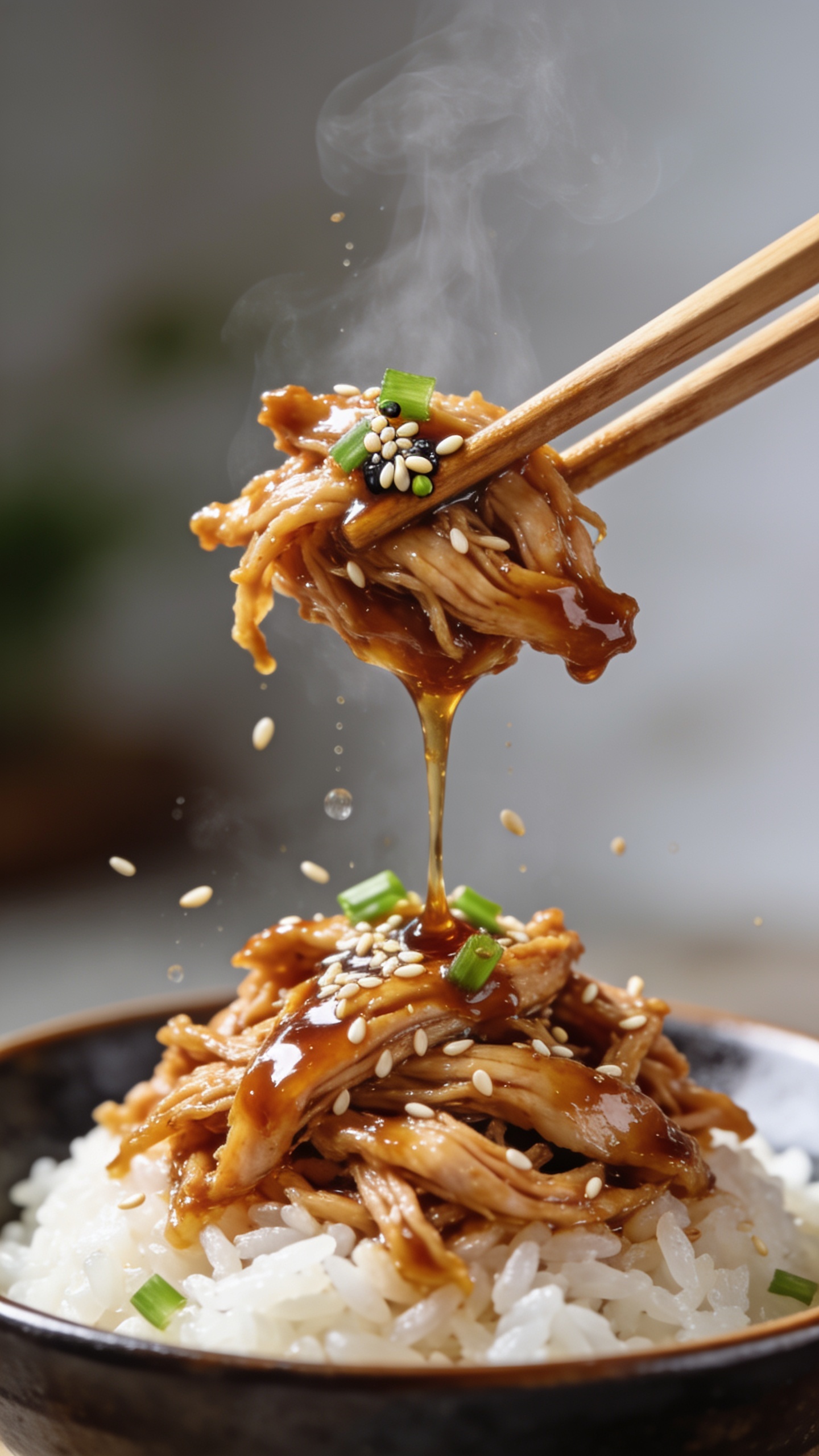 Dynamic action close-up capturing wooden chopsticks lifting the perfect bite of glossy shredded teriyaki chicken from the same bowl of rice; strands of chicken glisten as the thick sauce slowly stretches and drips back toward the mound below, sesame seeds and micro droplets suspended midair; steam faintly rising, scallions and a few sesame seeds visible on the bite; background softly blurred with bright natural light and shallow depth of field; 90–95% food in frame, movement frozen one second before the bite reaches the mouth, no hands or people visible—only the chopsticks tip and the saucy chicken.