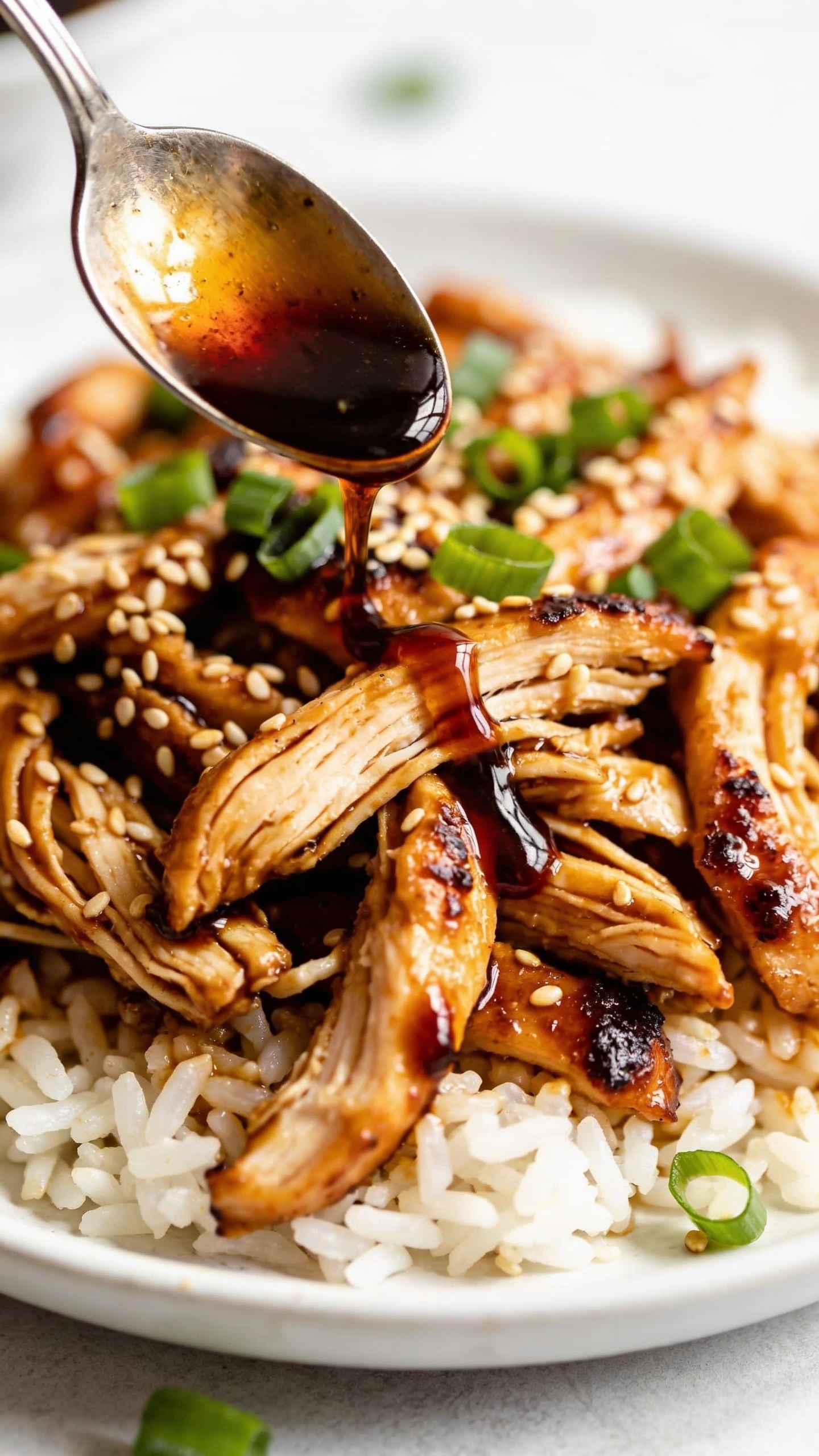 Extreme close-up angled from slightly above and to the side of the same plated teriyaki chicken over jasmine rice, focusing on the lacquered sauce clinging to juicy shredded pieces with caramelized edges; a small spoon’s worth of extra glaze just drizzled, forming a glossy ribbon across the chicken; scattered toasted sesame seeds and fresh scallions provide contrast and color; bright natural lighting, shallow depth of field with creamy bokeh, 90–95% of frame filled with the dish, rich textures, vibrant colors, premium food-blog styling, no text, no hands.