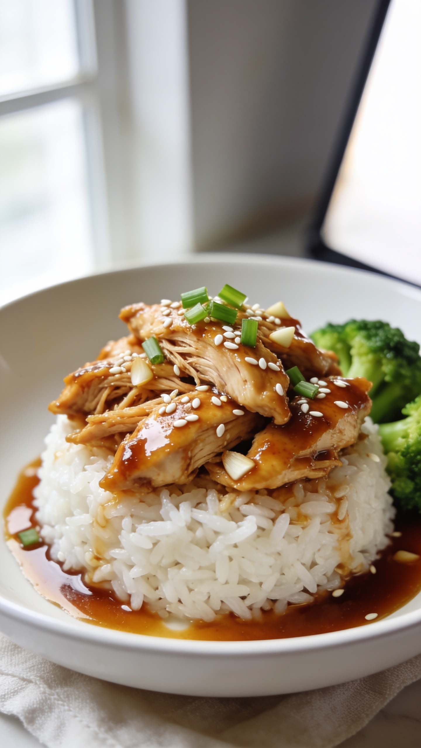 Ultra close-up hero shot of High Protein Crockpot Honey Garlic Chicken: shredded yet chunky, tender chicken thighs glazed in a thick, glossy honey-garlic-soy sauce with visible minced garlic and sesame seeds clinging to the surface; served over a tight mound of steaming white jasmine rice with a small side of bright-green steamed broccoli florets for color; sprinkled with finely sliced green onions and white sesame seeds; deep caramel-amber sauce pooling lightly around the rice; bright natural window light from the left, subtle reflector fill on the right; shallow depth of field with the front chicken pieces tack sharp and background softly blurred; premium food-blog styling on a matte white shallow bowl with a light linen underneath; food fills 90–95% of frame, rich textures, vibrant, sticky, irresistible.