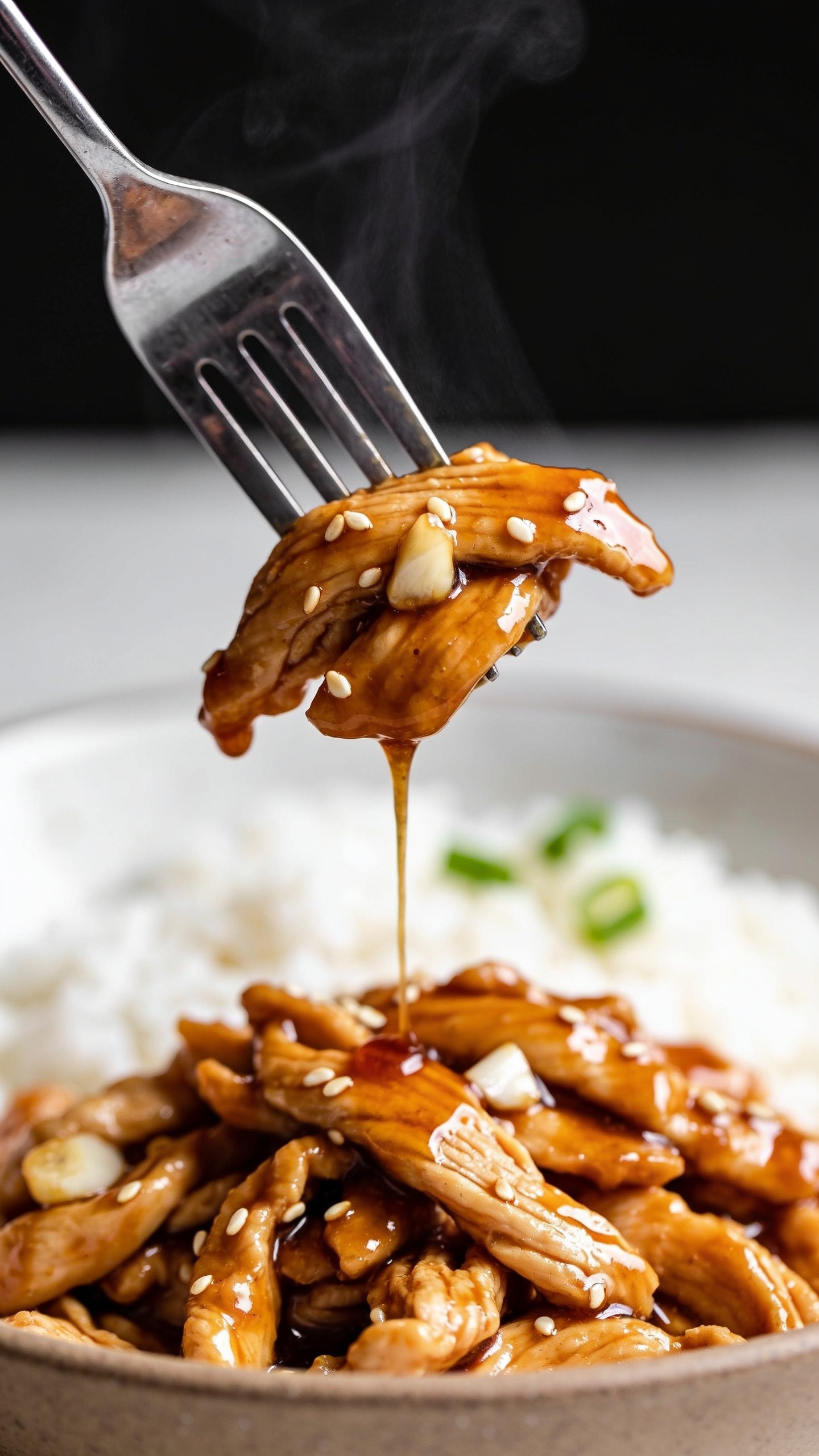 Dynamic action close-up: a polished fork lifting the perfect bite of the same honey garlic chicken from the bowl—juicy strands of chicken glistening with thick, glossy caramel-amber sauce, a few sesame seeds and minced garlic pieces clinging, a ribbon of sauce stretching back to the mound of chicken below; steam faintly rising; background shows blurred white rice and a pop of green onion on the remaining chicken; bright natural side light, shallow depth of field; no hands visible, only the fork tip and the lifted bite; food dominates 90–95% of frame; premium, mouthwatering movement frozen one second before the bite.