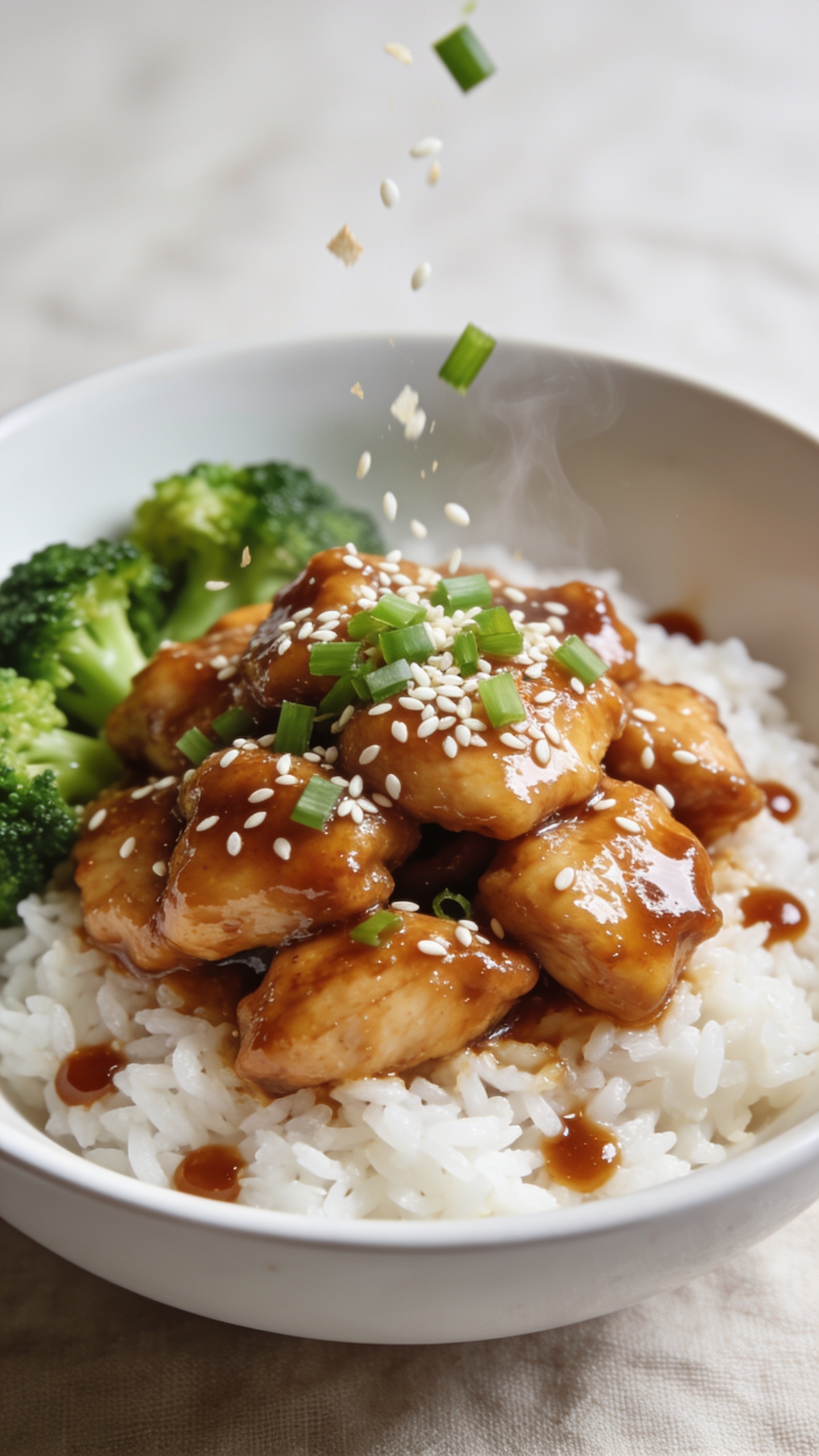 Tight macro overhead-three-quarter angle of the same plated dish: heaped honey garlic chicken over fluffy white rice, sauce lacquered and thick with a light cornstarch sheen; fine chop of green onions and white sesame seeds freshly scattered on top mid-fall, a few flakes caught in the air; tiny sauce puddles around rice edges, broccoli tucked to the side for vibrant green contrast; subtle steam, bright natural lighting, shallow depth of field focusing on the glossy chicken surface and sesame texture; clean white bowl and neutral linen backdrop; food fills 90–95% of frame, cohesive with the previous images.