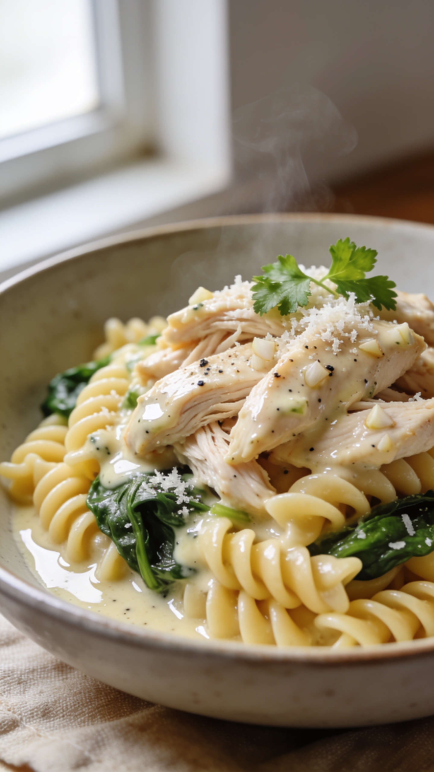 Ultra-close hero shot of High Protein Crockpot Garlic Parmesan Chicken: tender shredded chicken breasts coated in a glossy, creamy garlic-Parmesan sauce with visible minced garlic and flecks of black pepper, nestled over al dente rotini pasta and lightly wilted baby spinach. Sauce clings to every ridge, micro-grated Parmesan dusted on top, a few fresh parsley leaves for color. Pooled sauce glistens at the base, subtle steam rising. Bright natural window light from the left, shallow depth of field with the front bite in crisp focus and the background softly blurred. Neutral matte ceramic bowl, warm linen underneath, no text, no hands, food filling 90–95% of frame, premium food-blog styling.