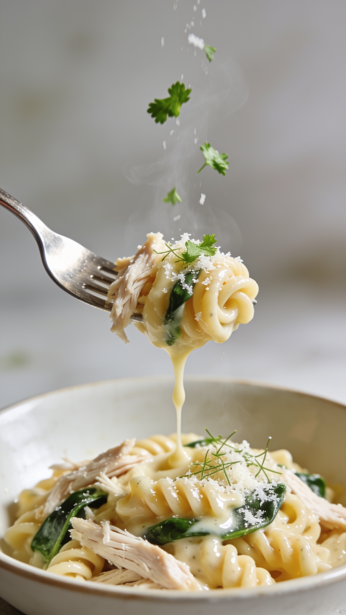 Dynamic action moment: a polished fork lifting the perfect bite of the same dish one inch above the bowl—strands of shredded chicken and a twirl of rotini heavily coated in glossy garlic-Parmesan sauce, a few spinach ribbons peeking through, micro-grated Parmesan clinging and a tiny flurry of fresh parsley leaves mid-fall. A gentle ribbon of sauce stretches from the fork back to the plate, subtle steam rising. Bright natural lighting, shallow depth of field locking onto the lifted bite, creamy texture and sheen emphasized, background blurred. No hands visible, only the fork tip and the food, filling 90–95% of frame, same bowl/props for consistency.