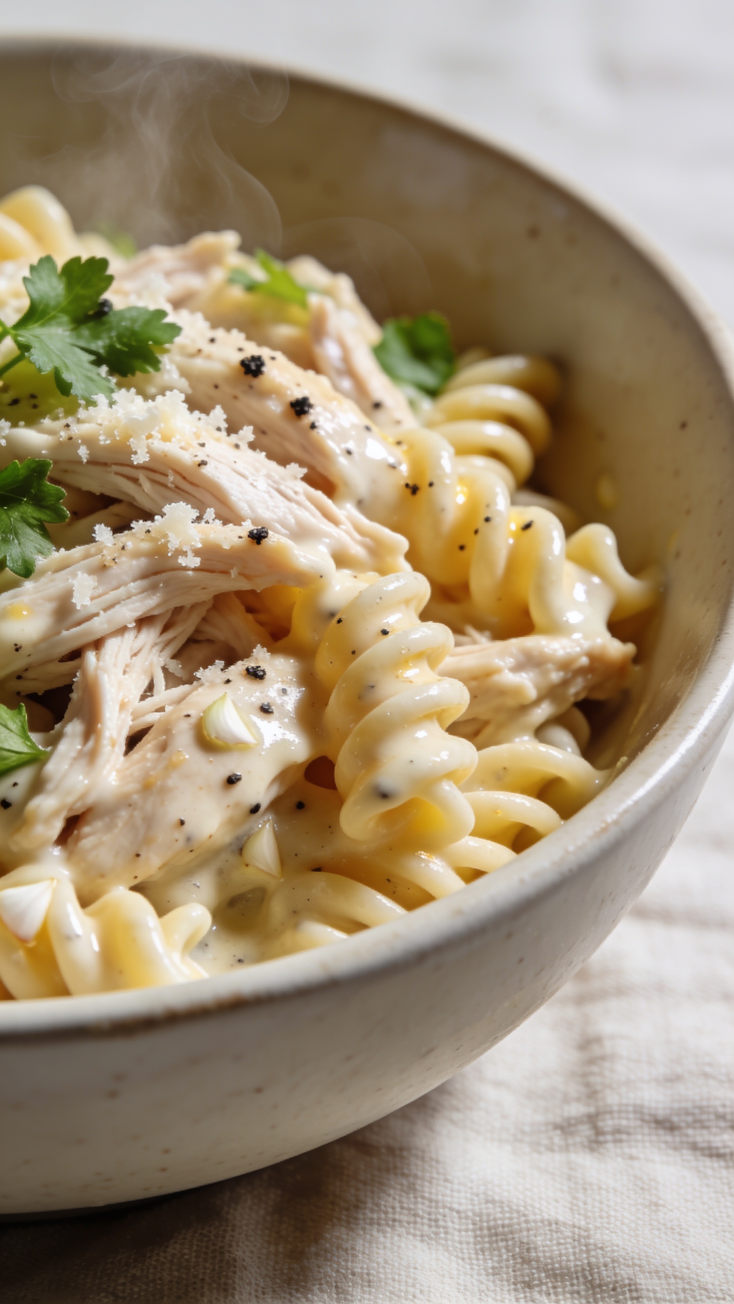 Tight macro from a lower angle of the plated dish emphasizing texture: juicy shredded chicken intertwined with rotini, sauce visibly creamy with tiny garlic bits and a satin sheen, edges of pasta catching light, scattered cracked black pepper and a final snowfall of finely grated Parmesan melting into the surface. A few fresh parsley leaves add vibrant green contrast; faint steam curls upward. Bright natural side light, shallow depth of field to highlight glossy sauce and tender chicken fibers, same neutral ceramic bowl and linen, food filling 90–95% of frame, cohesive with the hero and action shots.