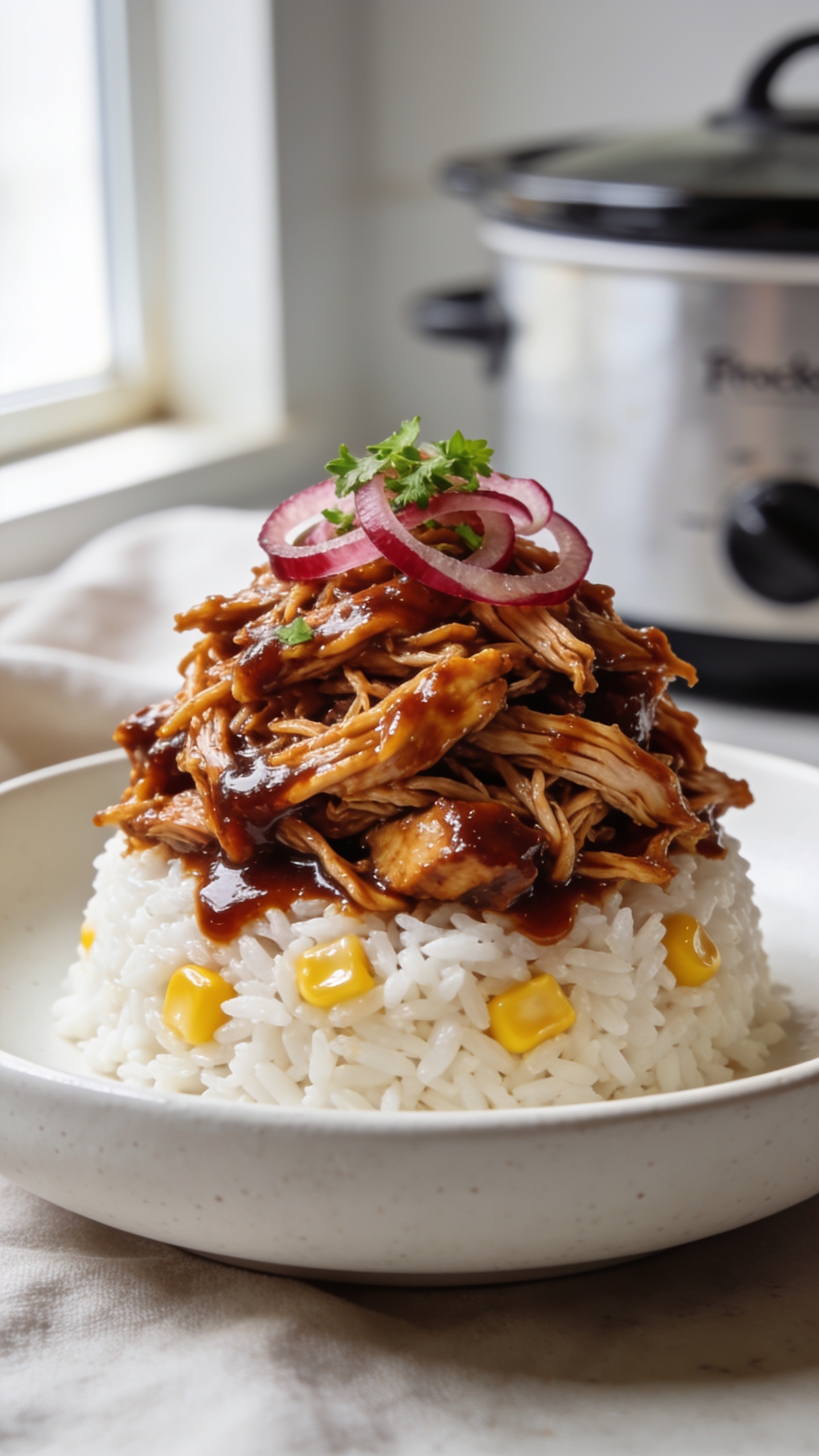 Ultra-close hero shot of High Protein Crockpot BBQ shredded chicken piled high on a matte white shallow bowl, saucy and glistening with a deep mahogany lower-sugar BBQ glaze, tender shreds and juicy chunks mixed evenly, a light brush of sauce pooling slightly around the edges, topped with a sprinkle of finely chopped fresh parsley and a few paper-thin pickled red onion curls for contrast; served over a neat mound of steamed white rice with a few glossy roasted corn kernels peeking through; bright natural window light from the left, soft bounce from the right, shallow depth of field isolating the glossy, moist strands, minimal background (soft linen and a hint of crockpot in blur), premium food-blog styling, 90–95% frame filled with food.