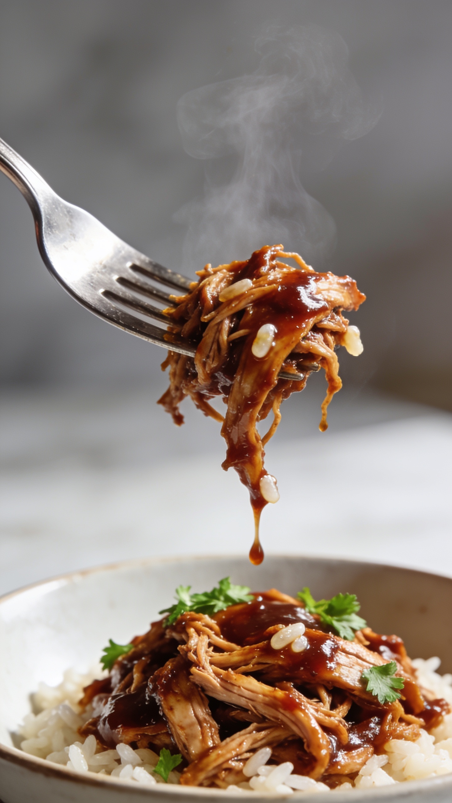 Dynamic action close-up capturing the exact moment a stainless fork lifts the perfect bite of the same shredded BBQ chicken from the bowl—juicy strands stretching slightly, glossy mahogany sauce clinging and slowly dripping back onto the mound below, a few grains of rice adhering to the saucy shreds, a wisp of visible steam rising; fresh parsley confetti visible on the chicken in the bowl beneath; bright natural side light highlighting sheen and texture, shallow depth of field blurring the background and most of the bowl, utensil only (no hands), 90–95% frame dominated by the food and lifted bite, magazine-cover drama and movement.
