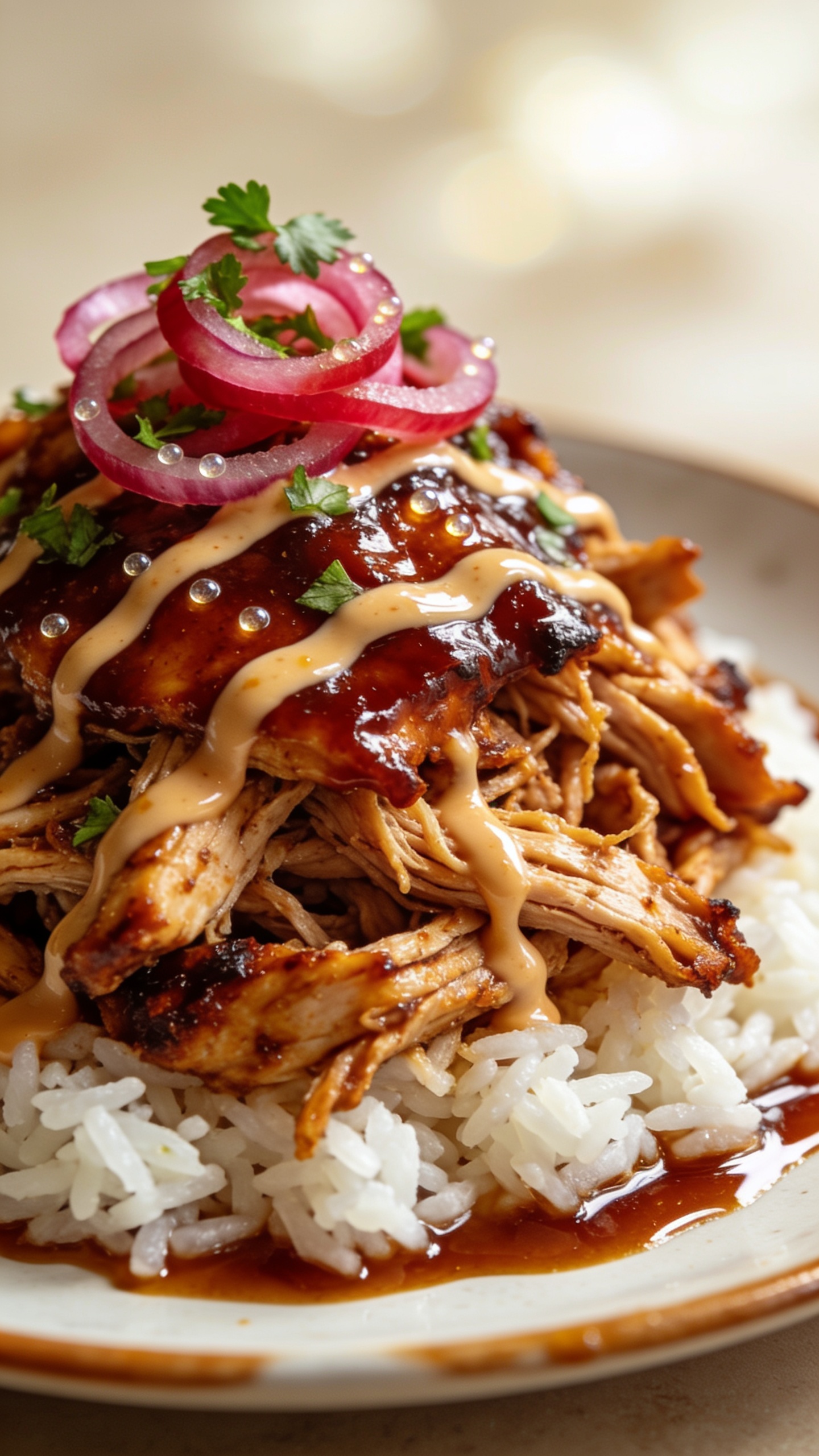 Extreme close-up from a low three-quarter angle of the same plated shredded BBQ chicken over white rice, emphasizing rich textures: moist pulled strands, caramelized edges, and a glossy lacquer of lower-sugar BBQ sauce brushed across the top; a light drizzle of extra sauce ribboning over the mound, micro-beads catching light; garnished with chopped parsley and a few pickled red onion curls; warm neutral plate, bright natural lighting, shallow depth of field with creamy bokeh, subtle sauce puddle at the rim for shine, cohesive with the set, 90–95% frame filled with the saucy chicken.