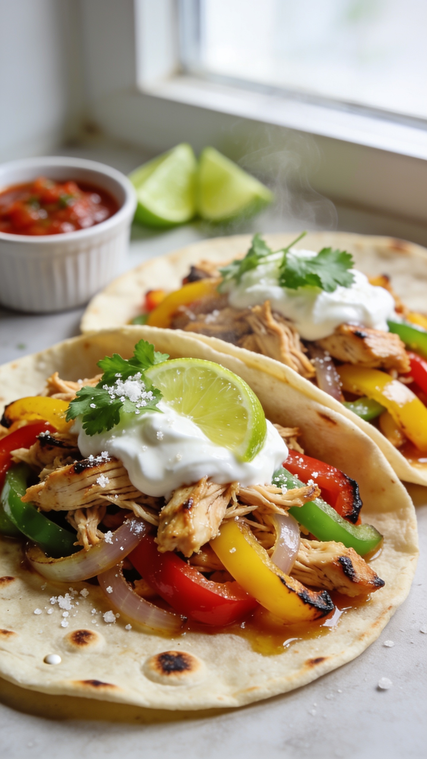 Ultra close-up hero shot of finished high-protein Crockpot chicken fajitas plated as two open-face fajitas on warm high-protein flour tortillas, overflowing with juicy shredded crockpot chicken, sautéed red, yellow, and green bell peppers, and sweet onions, lightly charred edges, glistening with fajita juices; garnished with a dollop of thick Greek yogurt instead of sour cream, a squeeze of fresh lime, torn cilantro leaves, and a sprinkle of coarse sea salt; tiny char bubbles on tortillas, slight steam rising; small ramekin of salsa and lime wedges softly blurred in the background; bright natural window light, shallow depth of field, rich saturated colors, 90–95% of frame filled with food, premium food-blog styling, no text.
